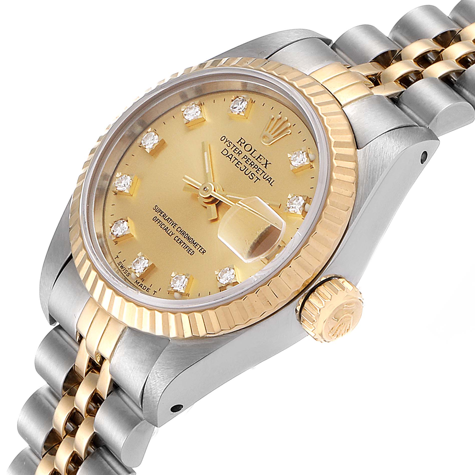 The Rolex Datejust 69173 Women
s Steel and Gold (two tone) Champagne Dial 69173 Women
s Steel and Gold (two tone) Champagne Dial watch is shown at an angle highlighting its dial, bezel, crown, and two-tone bracelet.