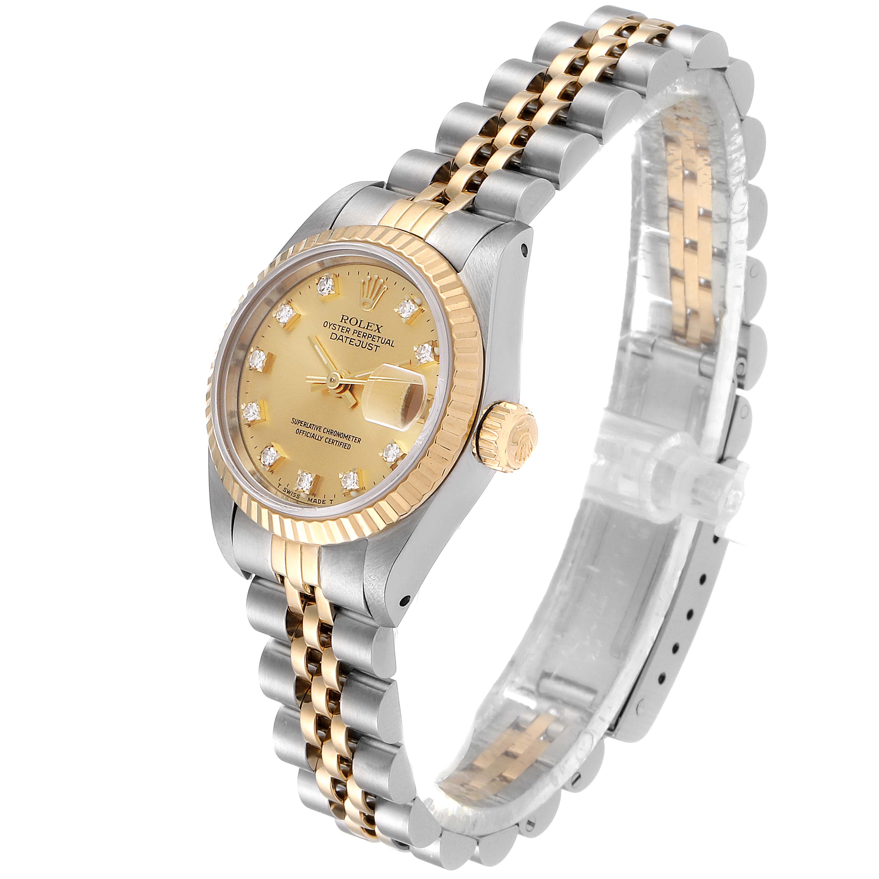 This image shows a side angle of the Rolex Datejust 69173 Women
s Steel and Gold (two tone) Champagne Dial 69173 Women
s Steel and Gold (two tone) Champagne Dial watch, highlighting its bezel, dial, crown, and two-tone bracelet.
