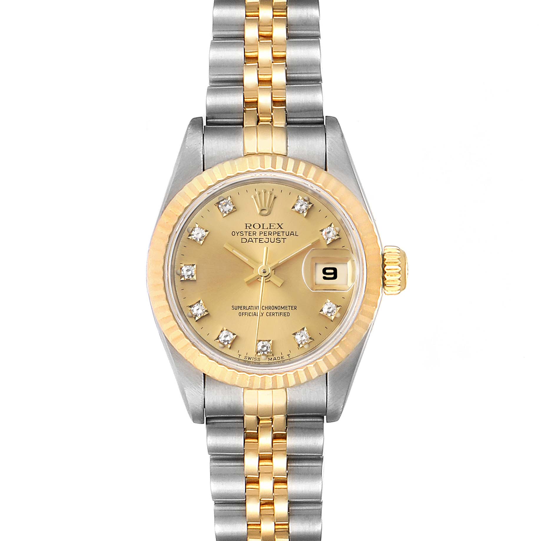 The image shows a frontal view of a Rolex Datejust 69173 Women
s Steel and Gold (two tone) Champagne Dial 69173 Women
s Steel and Gold (two tone) Champagne Dial watch, displaying its dial, bezel, and part of its two-tone bracelet.