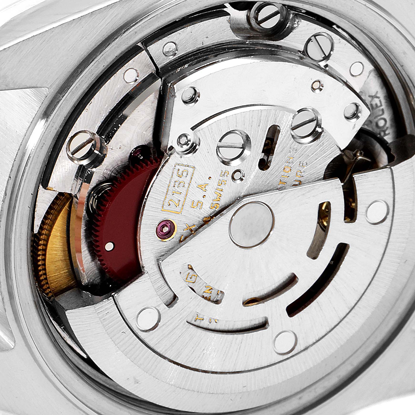 This image shows a close-up view of the movement mechanism inside a Rolex Datejust 69173 Women
s Steel and Gold (two tone) Champagne Dial 69173 Women
s Steel and Gold (two tone) Champagne Dial watch.