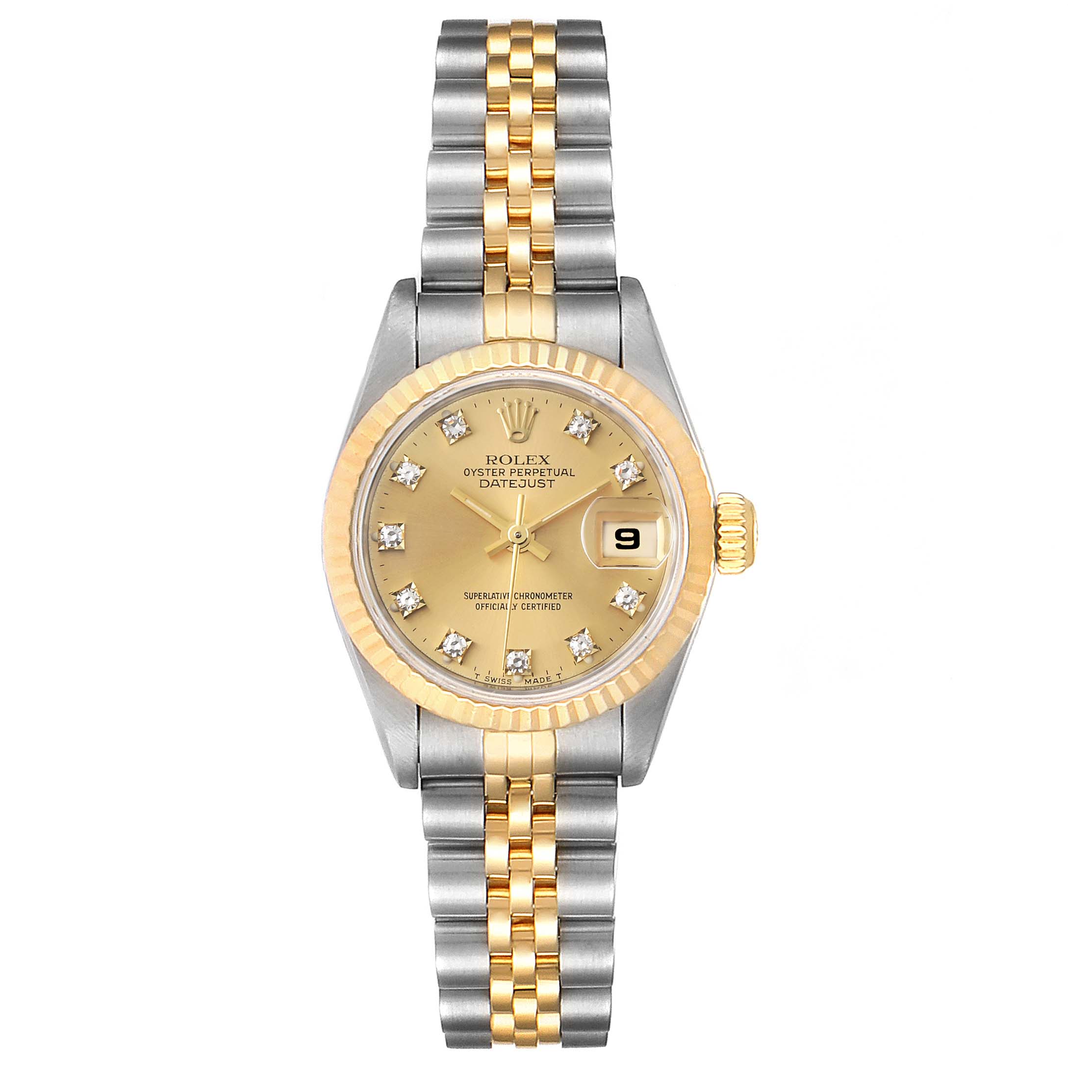 The image shows a front view of a Rolex Datejust 69173 Women
s Steel and Gold (two tone) Champagne Dial 69173 Women
s Steel and Gold (two tone) Champagne Dial watch featuring a gold and silver two-tone bracelet and diamond-set dial.