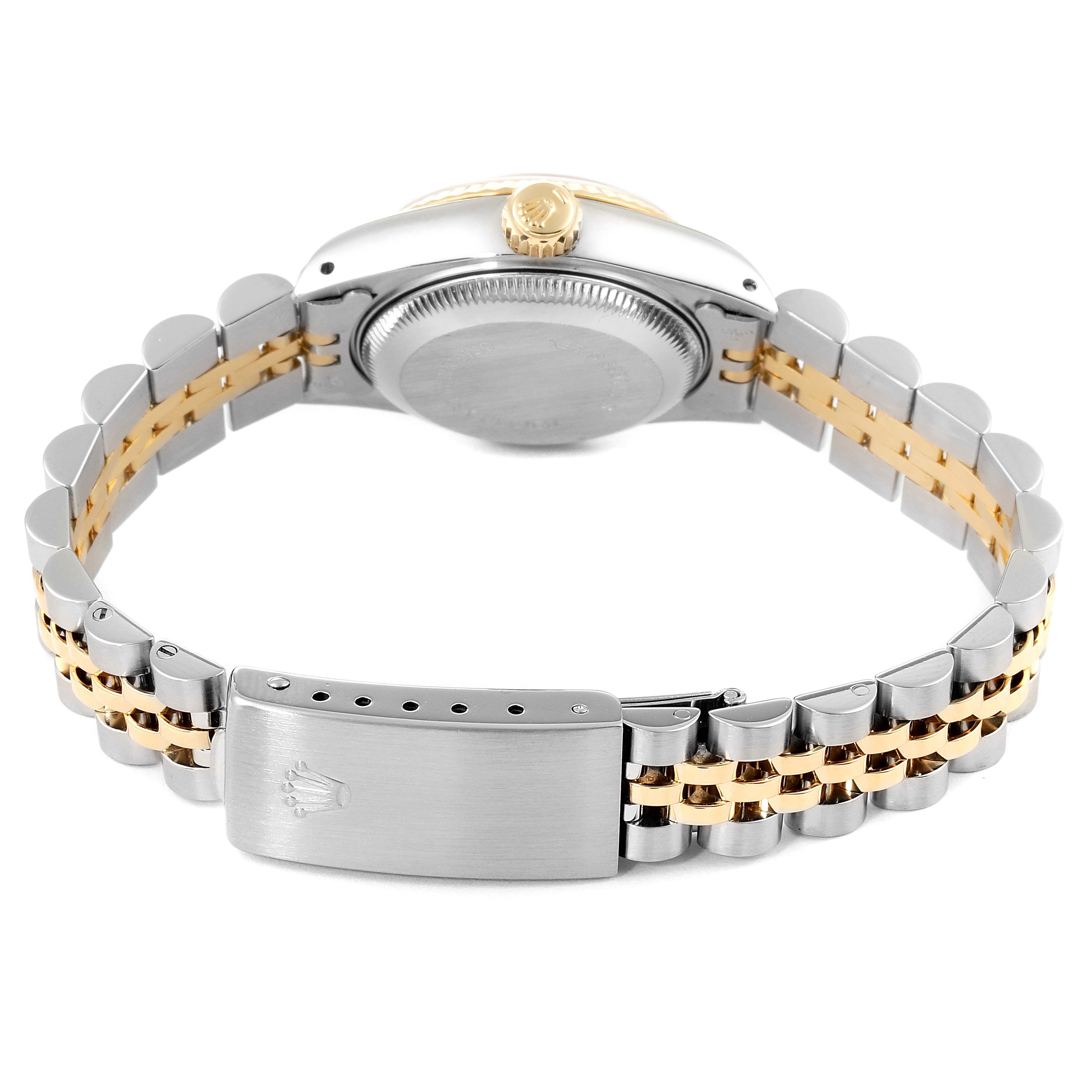 The image shows the back view of a Rolex Datejust 69173 Women
s Steel and Gold (two tone) Champagne Dial 69173 Women
s Steel and Gold (two tone) Champagne Dial model, highlighting the case back, crown, and two-tone bracelet with clasp.