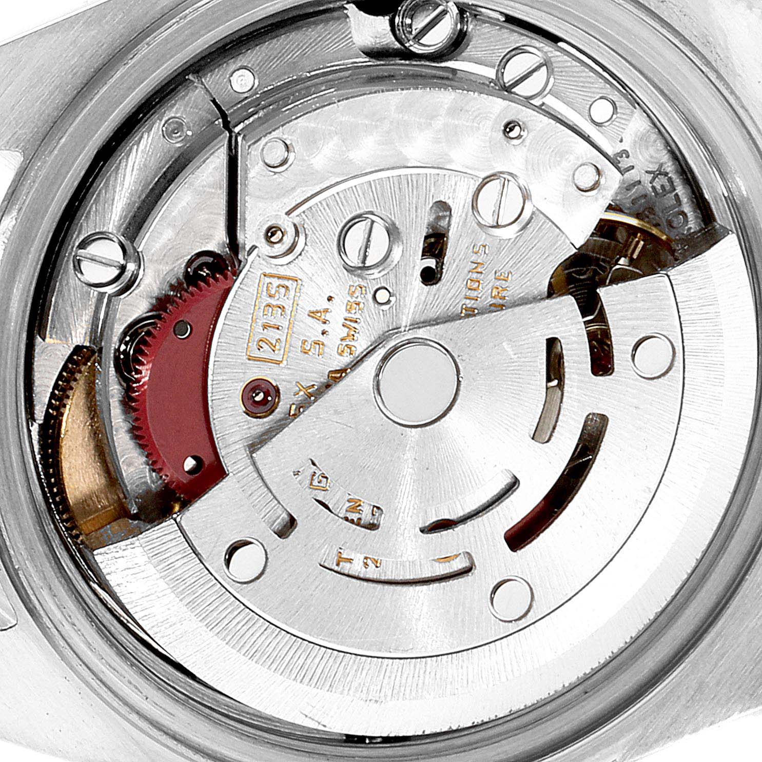This image shows the internal mechanism of a Rolex Datejust 69173 Women
s Steel and Gold (two tone) Champagne Dial 69173 Women
s Steel and Gold (two tone) Champagne Dial model watch from a close-up, top-down angle.