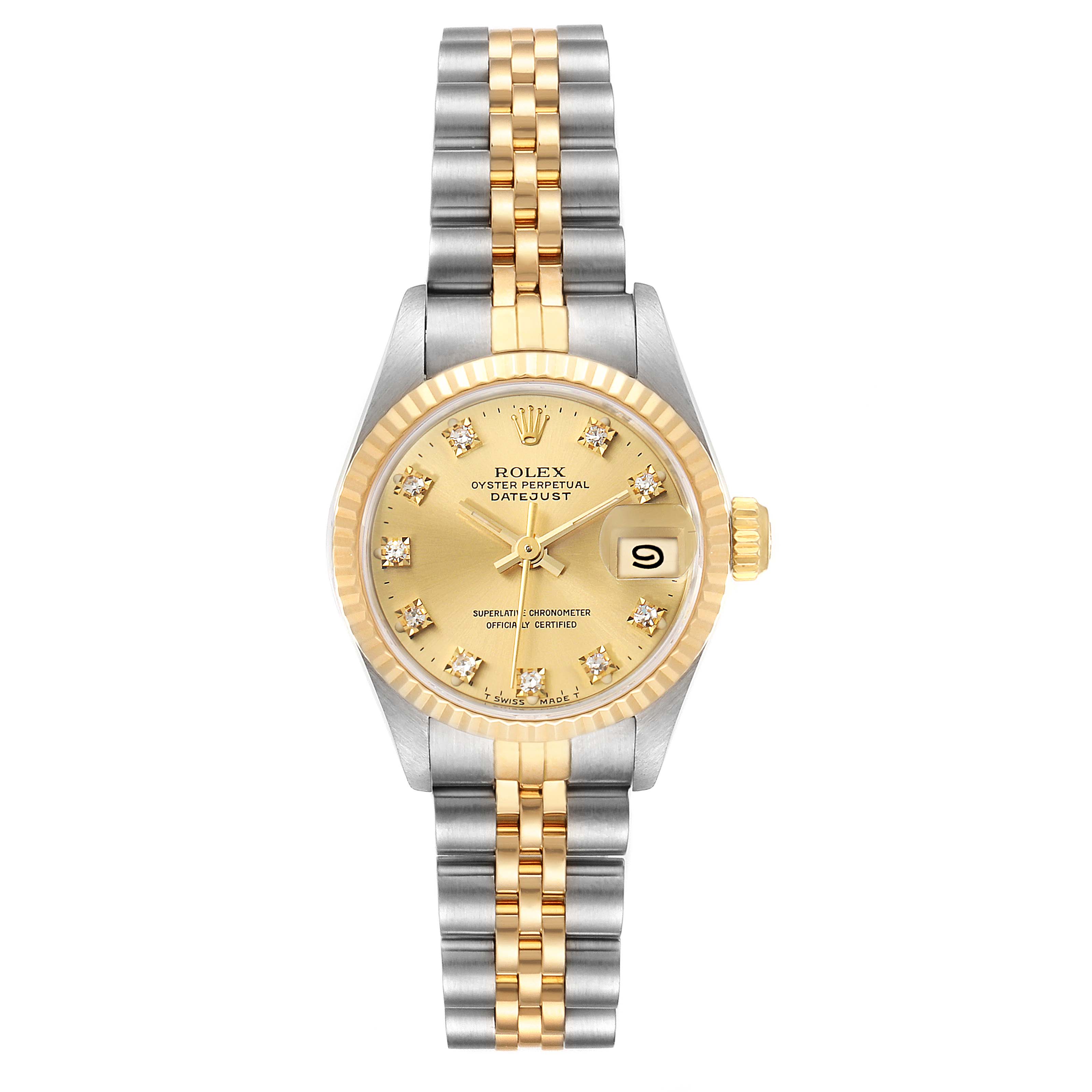 This image shows a front view of a Rolex Datejust 69173 Women
s Steel and Gold (two tone) Champagne Dial 69173 Women
s Steel and Gold (two tone) Champagne Dial watch with a two-tone bracelet and a gold dial.