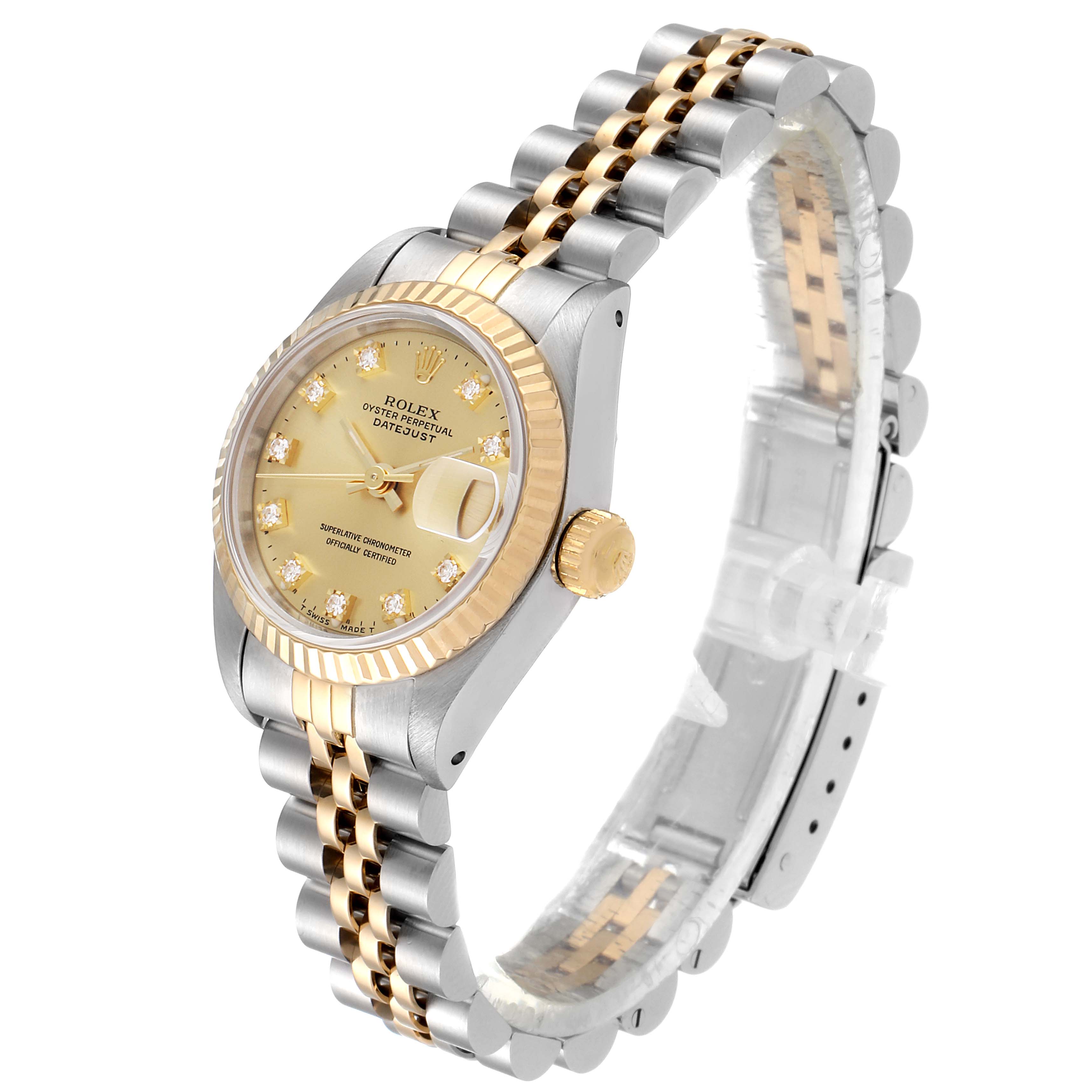 This image shows a Rolex Datejust 69173 Women
s Steel and Gold (two tone) Champagne Dial 69173 Women
s Steel and Gold (two tone) Champagne Dial watch from a side angle, displaying the dial, bezel, crown, and bracelet.