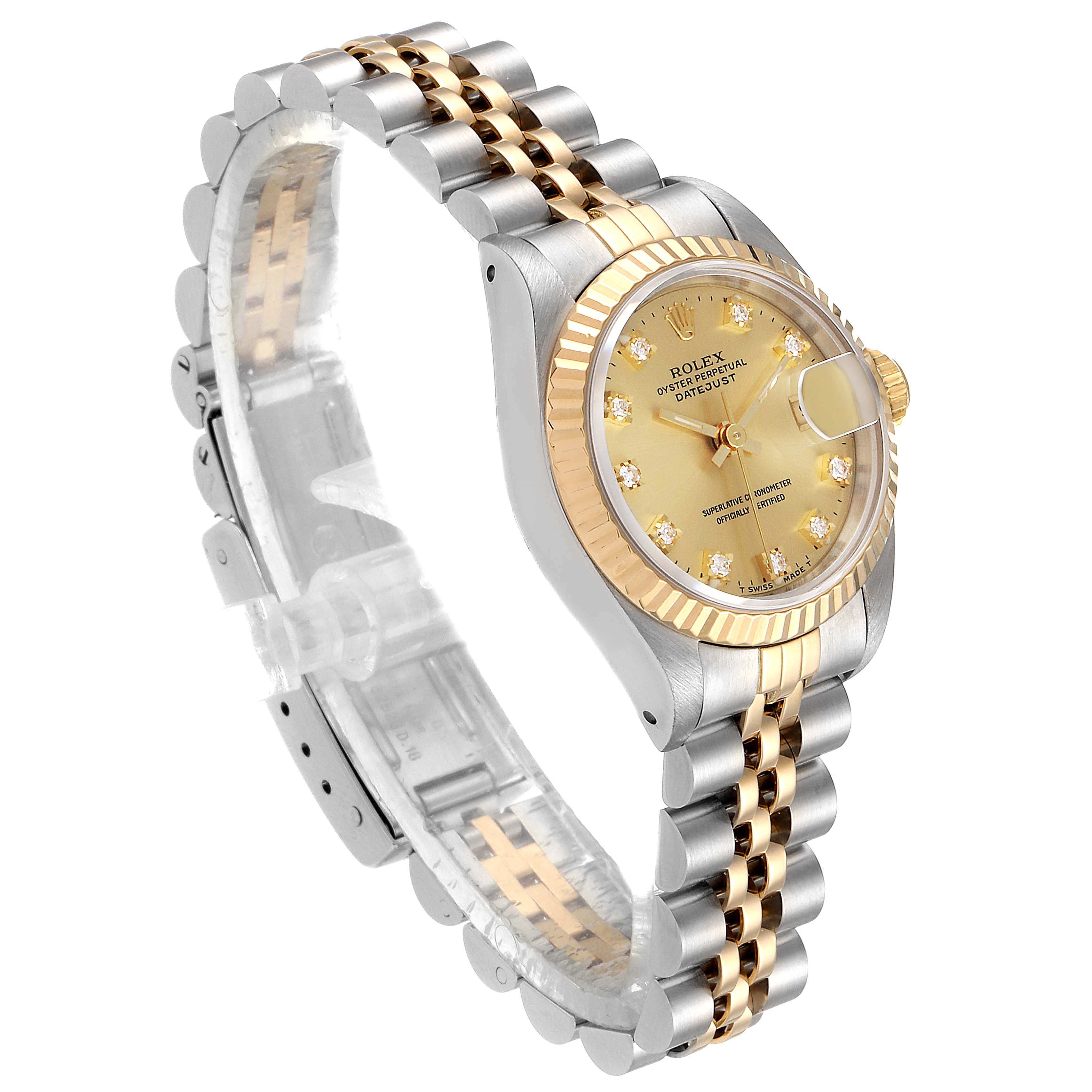 The Rolex Datejust 69173 Women
s Steel and Gold (two tone) Champagne Dial 69173 Women
s Steel and Gold (two tone) Champagne Dial watch is shown at an angled side view, displaying its bezel, dial, and bracelet.