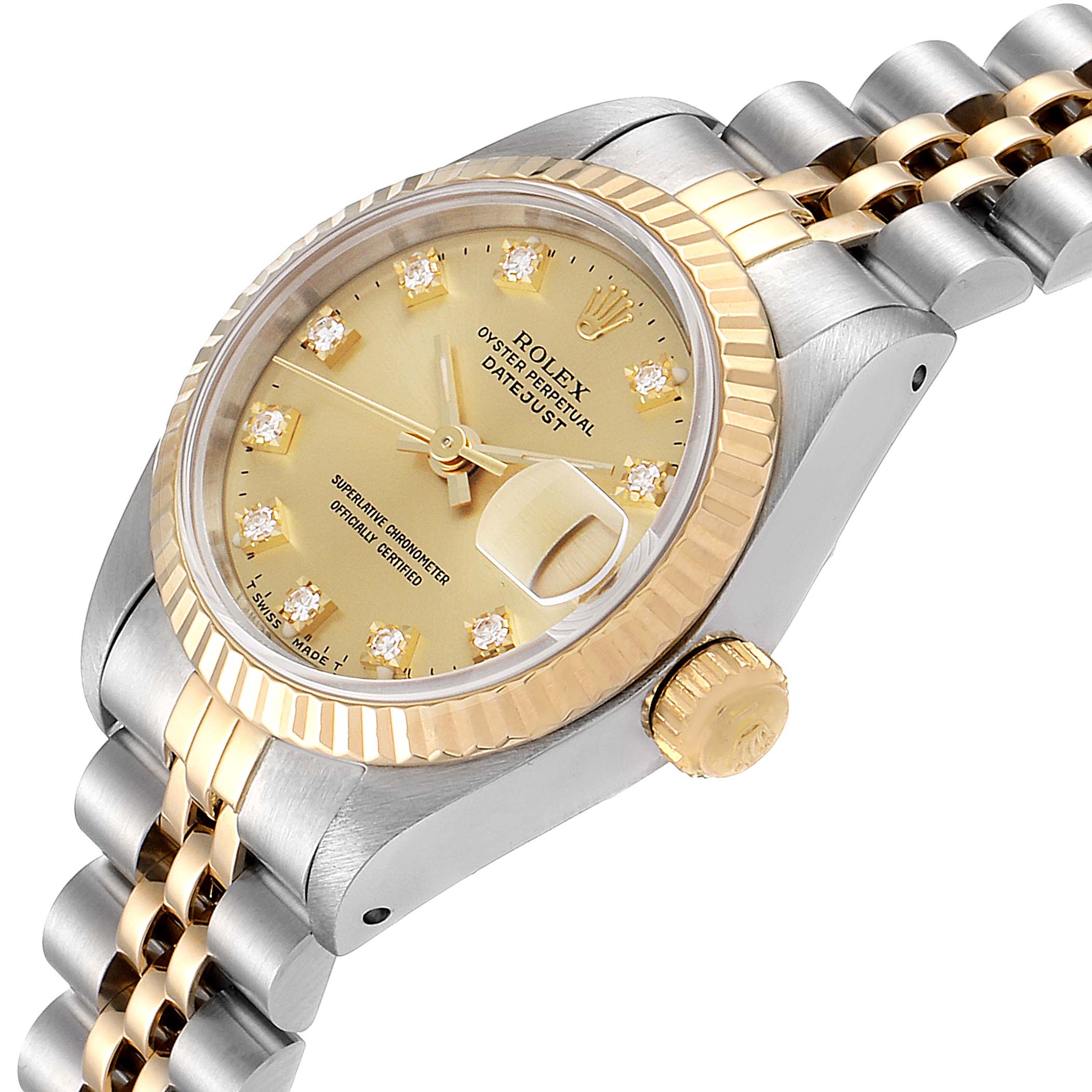 This image shows a close-up angle of the Rolex Datejust 69173 Women
s Steel and Gold (two tone) Champagne Dial 69173 Women
s Steel and Gold (two tone) Champagne Dial watch, displaying the dial, bezel, crown, and part of the bracelet.