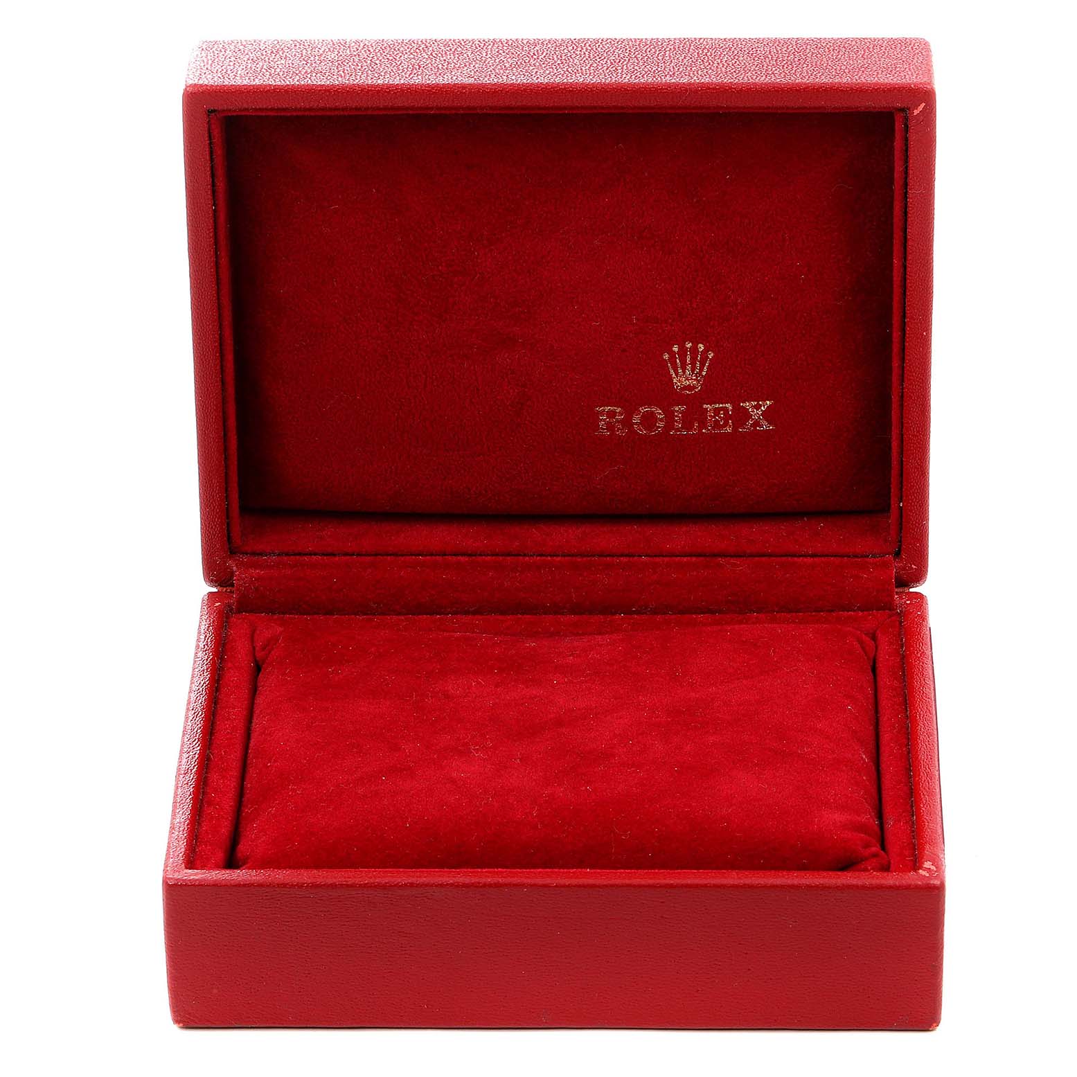 This image shows an open red velvet-lined box for a Rolex Datejust 69173 Women
s Steel and Gold (two tone) Champagne Dial 69173 Women
s Steel and Gold (two tone) Champagne Dial model watch, viewed from the front.