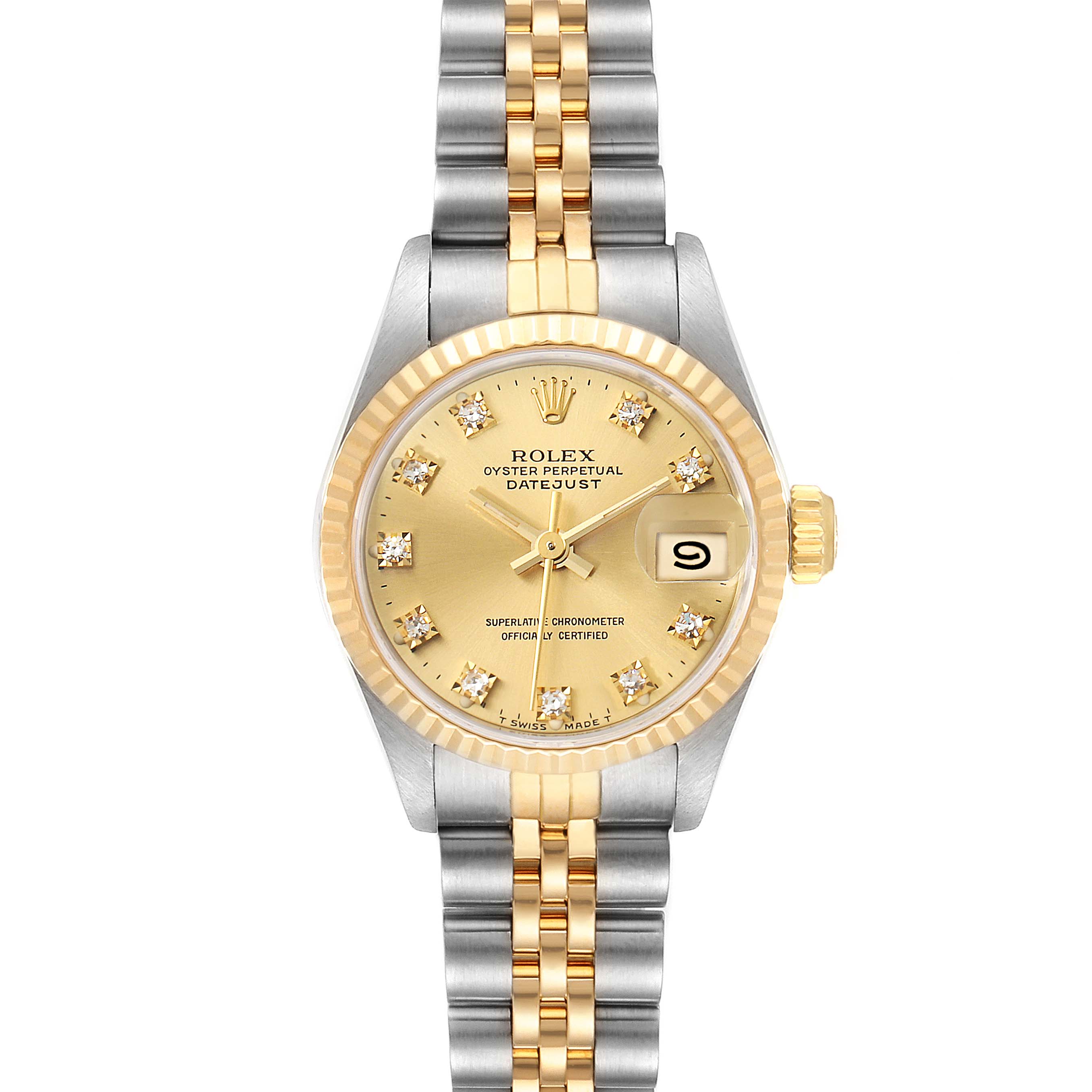 The image shows a front view of a Rolex Datejust 69173 Women
s Steel and Gold (two tone) Champagne Dial 69173 Women
s Steel and Gold (two tone) Champagne Dial watch with a gold dial, diamond markers, and a two-tone bracelet.
