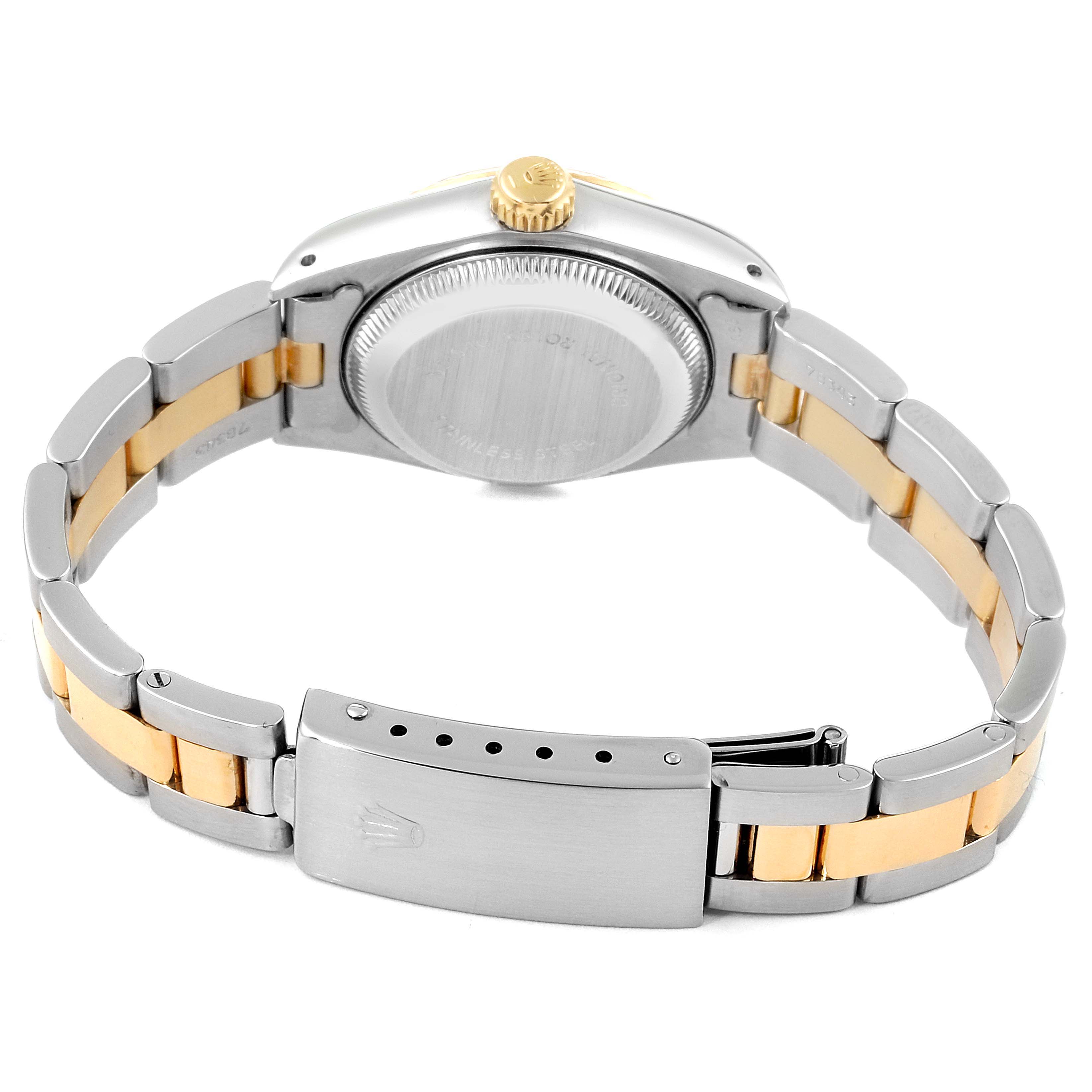 The image shows the back view of a Rolex Datejust 69173 Women's Steel and Gold (two tone) Blue Dial 69173 Women's Steel and Gold (two tone) Blue Dial watch, highlighting the case back and the two-tone bracelet with clasp.