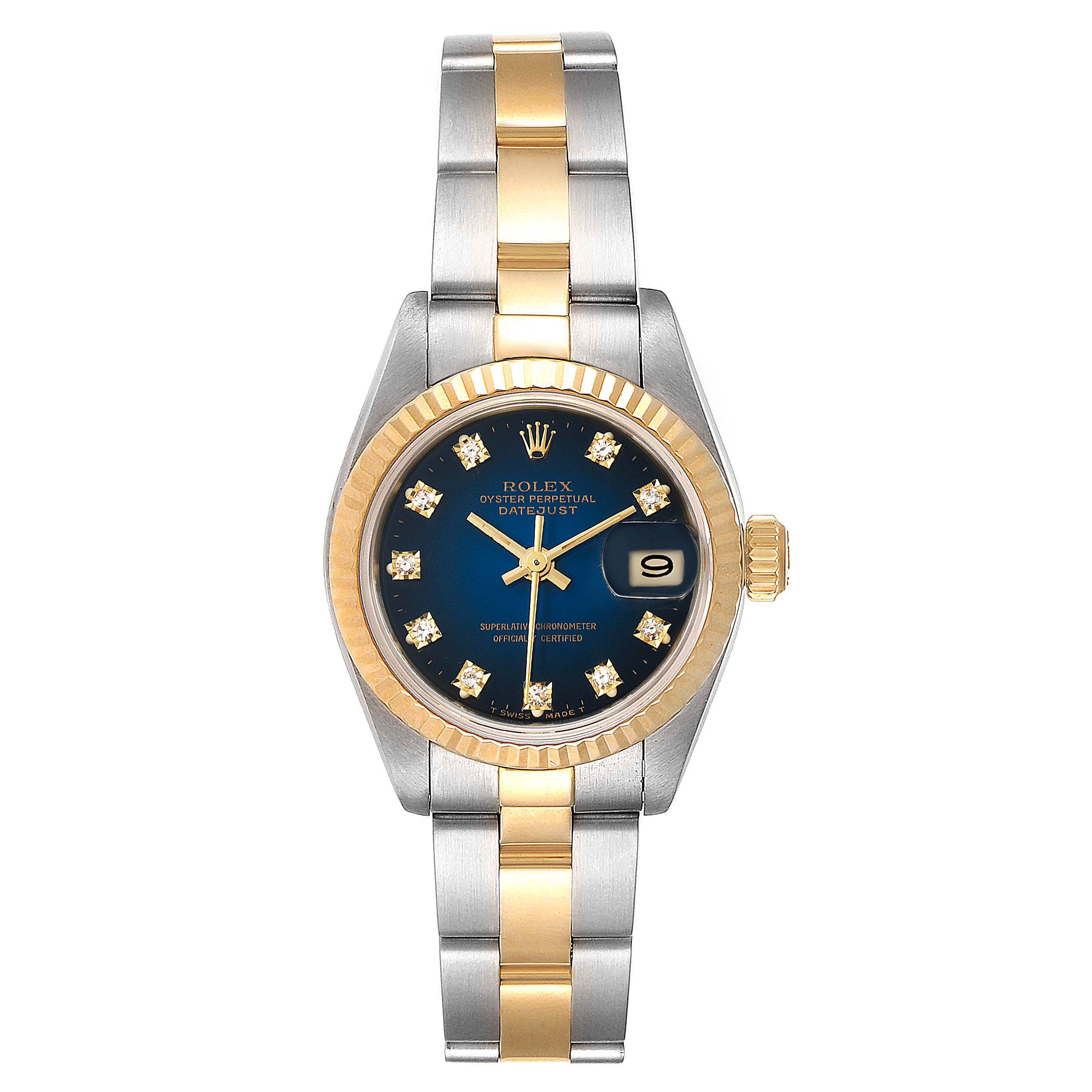 The image shows a frontal view of a Rolex Datejust 69173 Women's Steel and Gold (two tone) Blue Dial 69173 Women's Steel and Gold (two tone) Blue Dial watch, highlighting the dial, hands, bracelet, and crown.