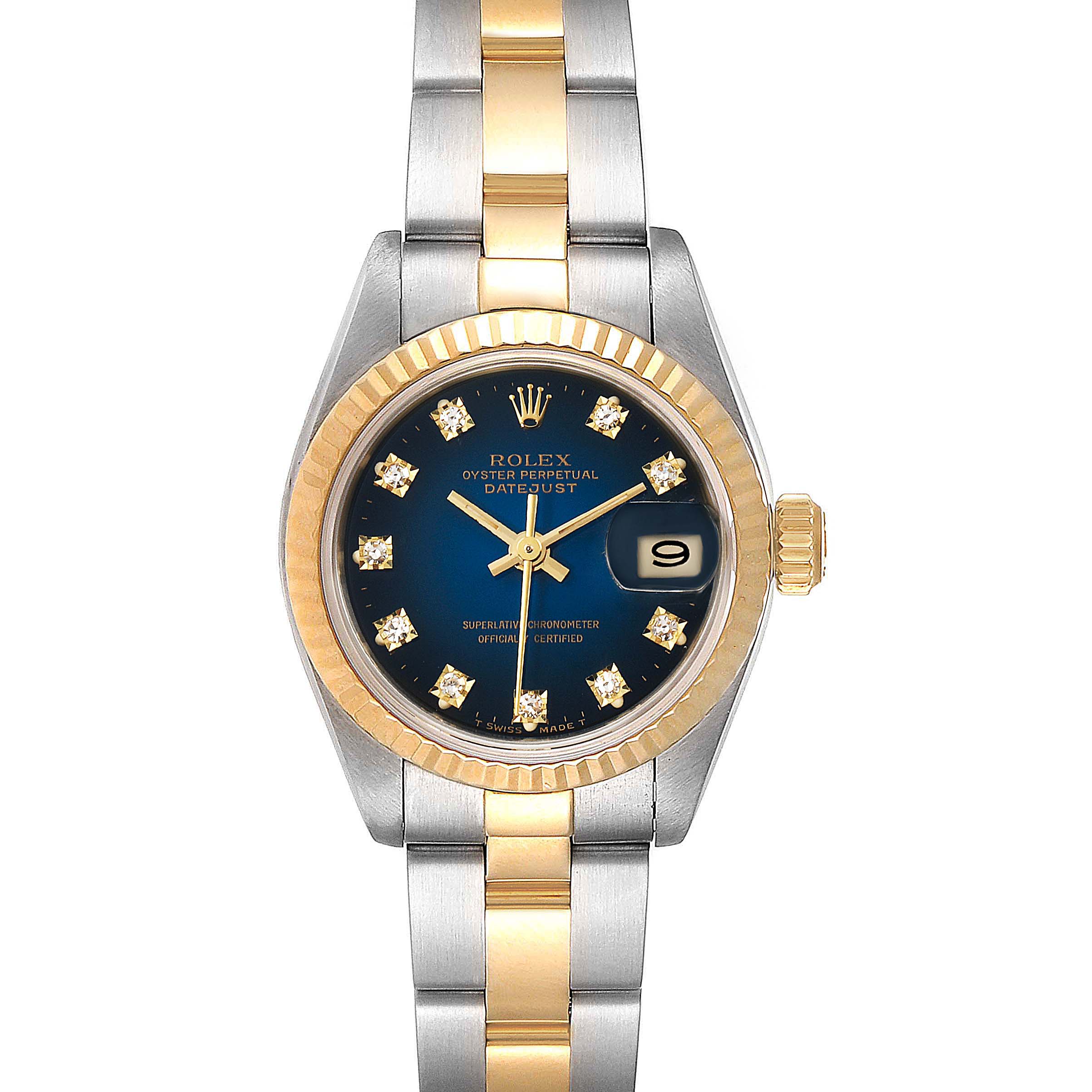 This is a front view of a Rolex Datejust 69173 Women's Steel and Gold (two tone) Blue Dial 69173 Women's Steel and Gold (two tone) Blue Dial watch, showing the dial, bezel, crown, and bracelet.