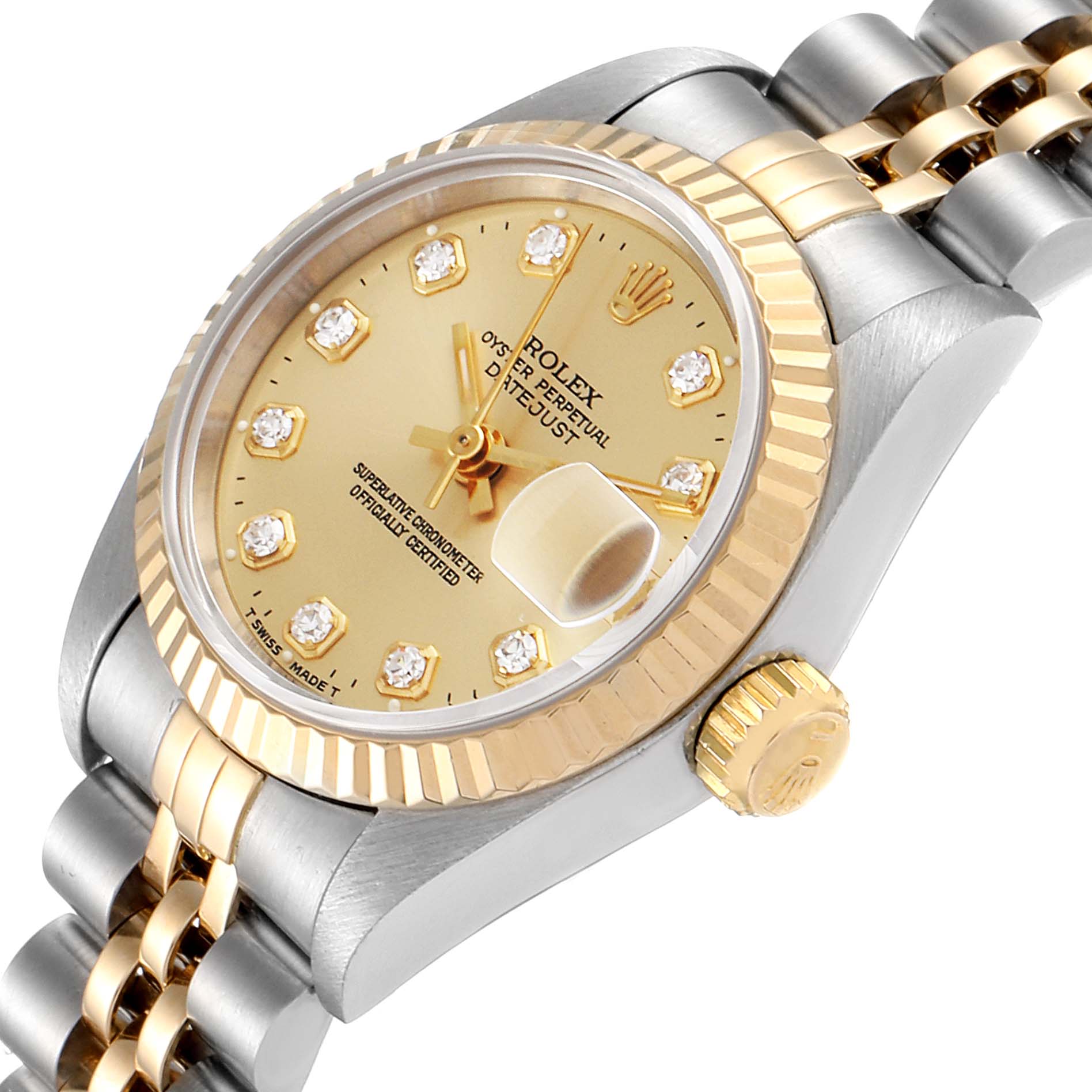 The Rolex Datejust 69173 Women
s Steel and Gold (two tone) Champagne Dial 69173 Women
s Steel and Gold (two tone) Champagne Dial watch is shown at a slight angle, highlighting the face, bezel, crown, and part of the bracelet.