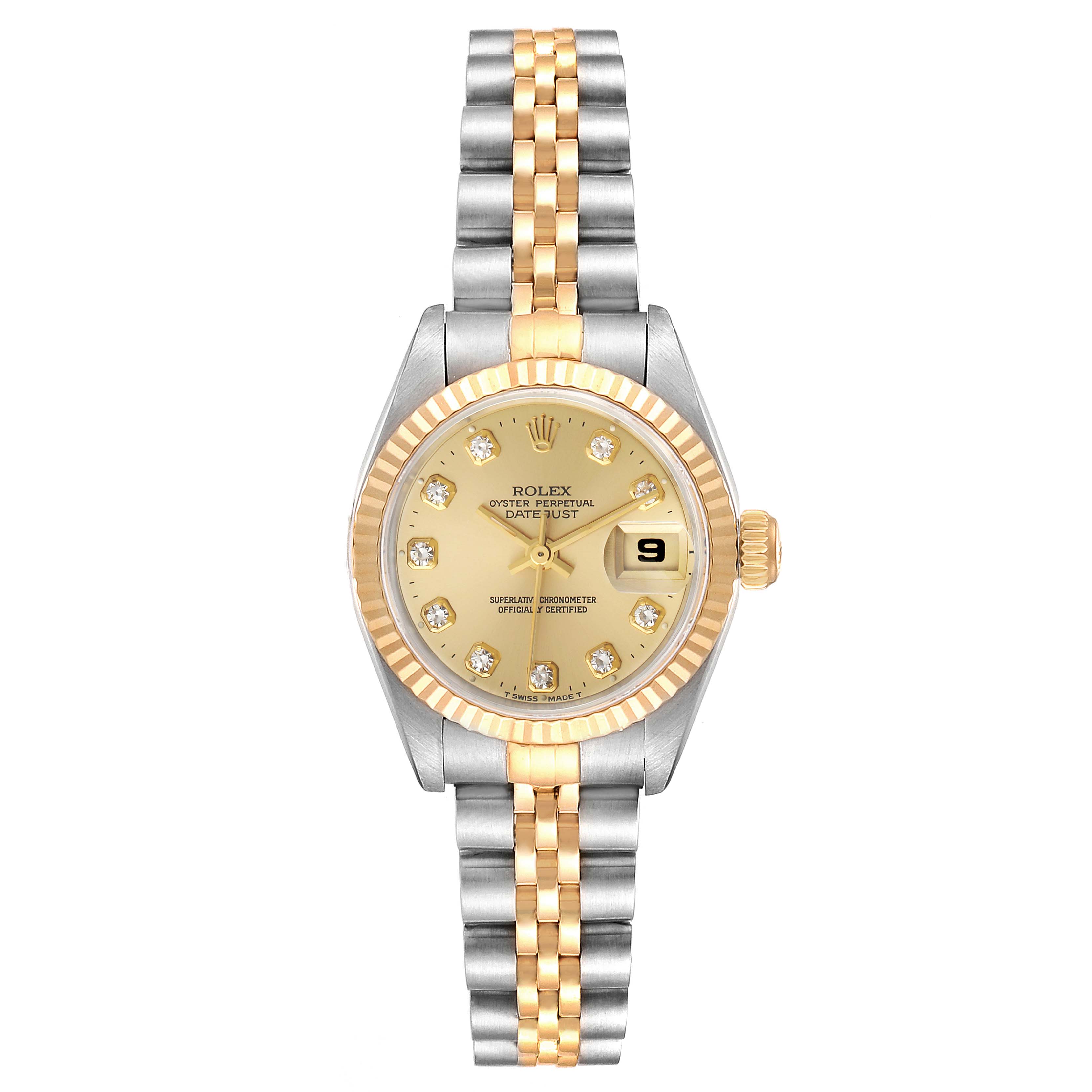 This image shows a frontal view of a Rolex Datejust 69173 Women
s Steel and Gold (two tone) Champagne Dial 69173 Women
s Steel and Gold (two tone) Champagne Dial watch, featuring a gold and silver Jubilee bracelet and a gold dial with a date display.