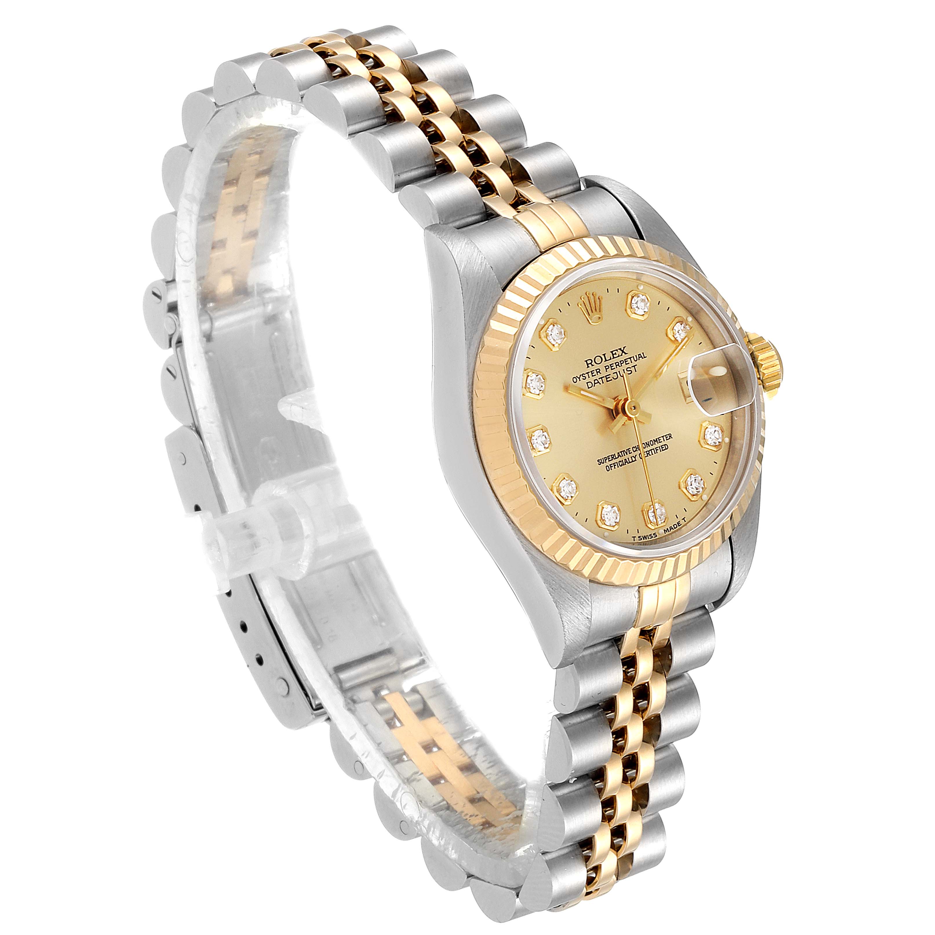 The image shows a Rolex Datejust 69173 Women
s Steel and Gold (two tone) Champagne Dial 69173 Women
s Steel and Gold (two tone) Champagne Dial watch at a slight angle, highlighting its two-tone bracelet, gold bezel, and champagne dial with diamond hour markers.