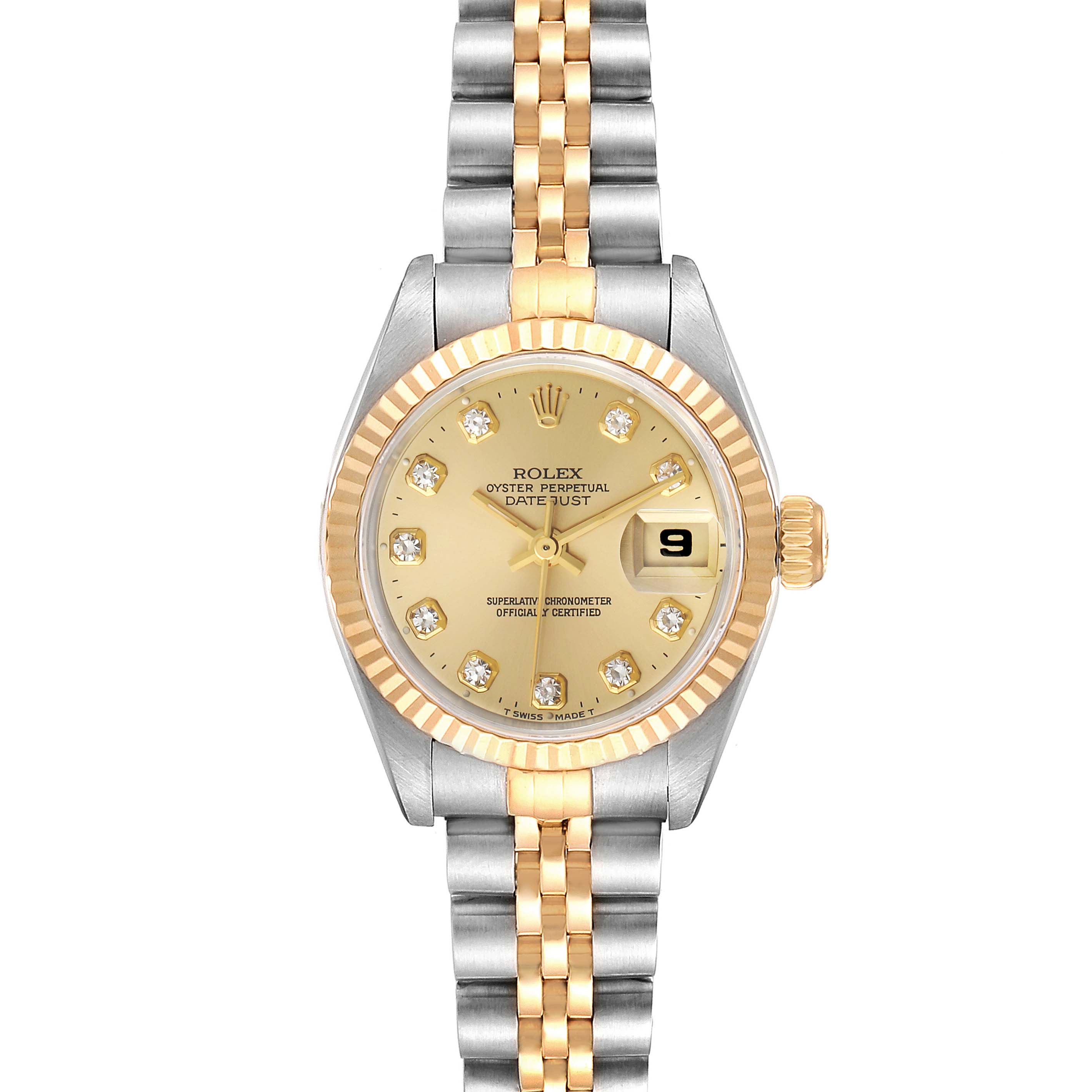 This Rolex Datejust 69173 Women
s Steel and Gold (two tone) Champagne Dial 69173 Women
s Steel and Gold (two tone) Champagne Dial watch is shown from a top-down angle, highlighting the dial, bezel, and bracelet.