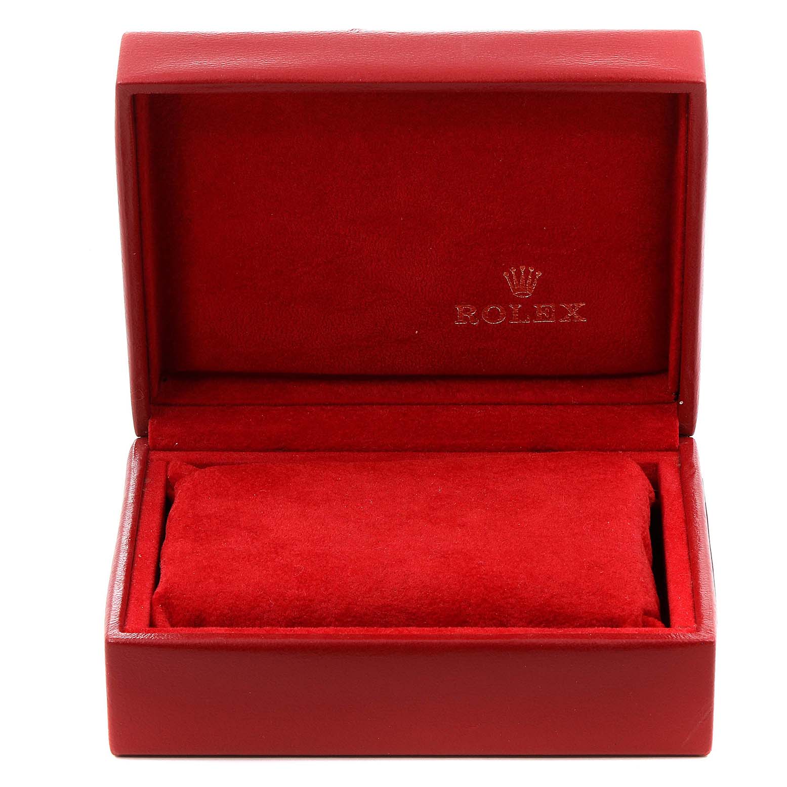 This image shows an empty red Rolex watch box for the Datejust model, viewed from the front with the lid open.