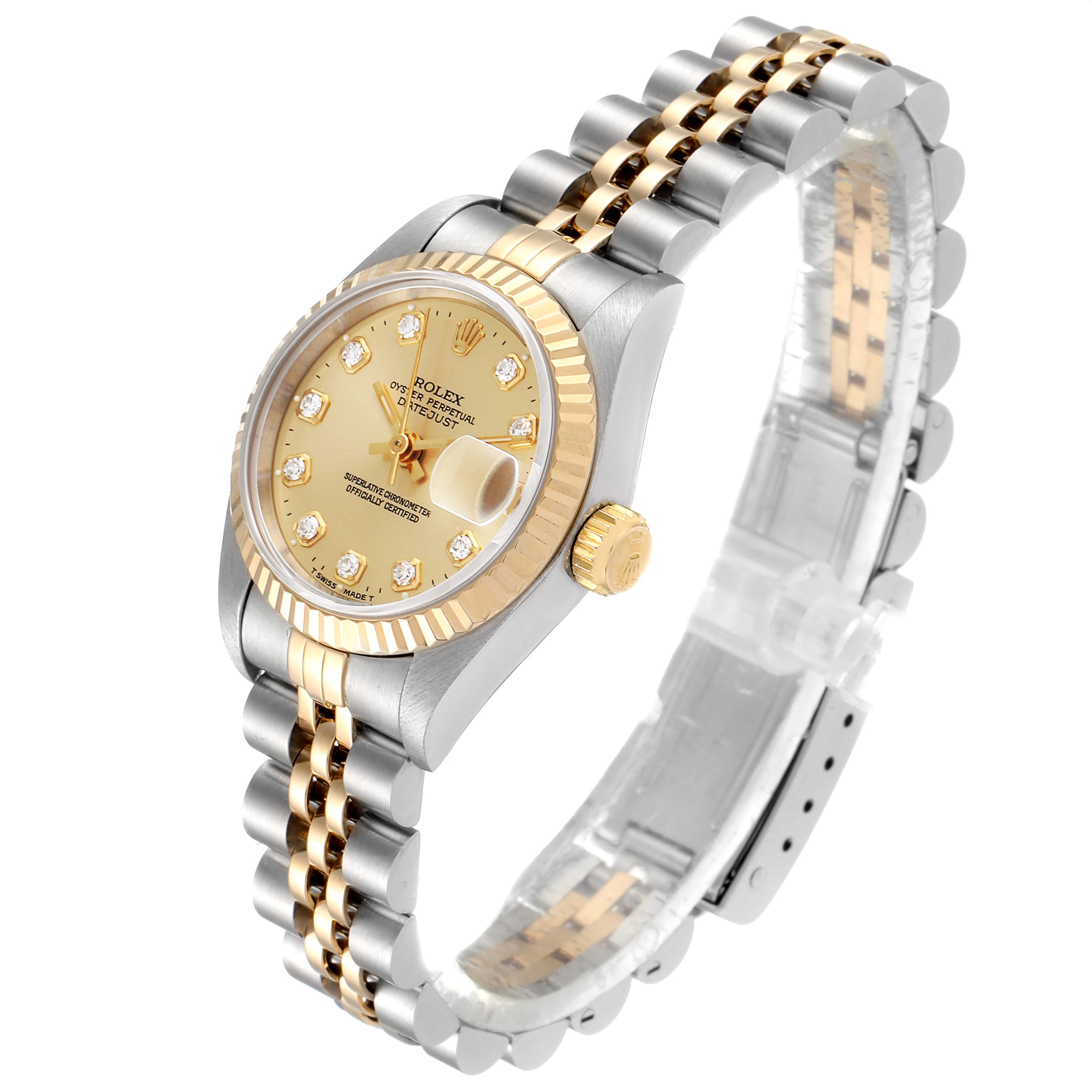 The image shows a Rolex Datejust 69173 Women
s Steel and Gold (two tone) Champagne Dial 69173 Women
s Steel and Gold (two tone) Champagne Dial watch at a slight angle, displaying the dial, bezel, crown, and bracelet.