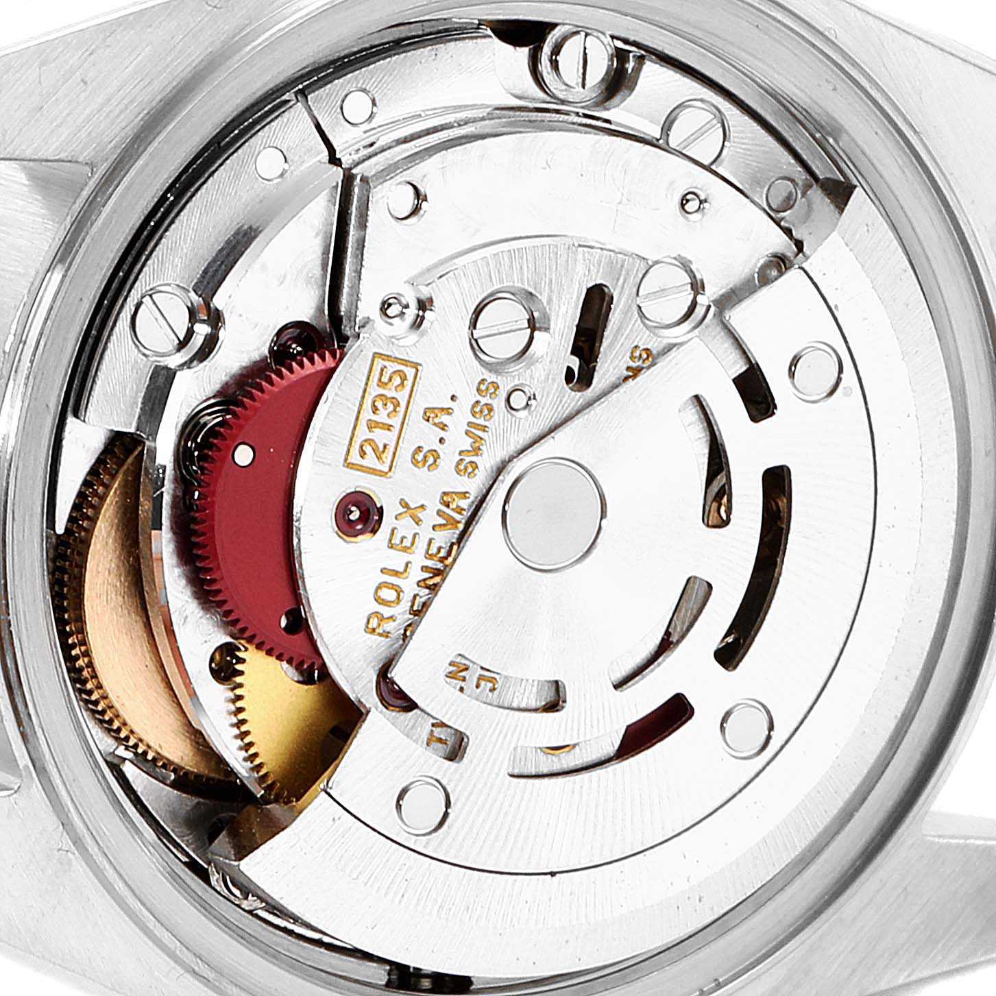 This image shows a close-up view of the internal mechanism of a Rolex Datejust 69173 Women
s Steel and Gold (two tone) Champagne Dial 69173 Women
s Steel and Gold (two tone) Champagne Dial watch, highlighting its movement components.