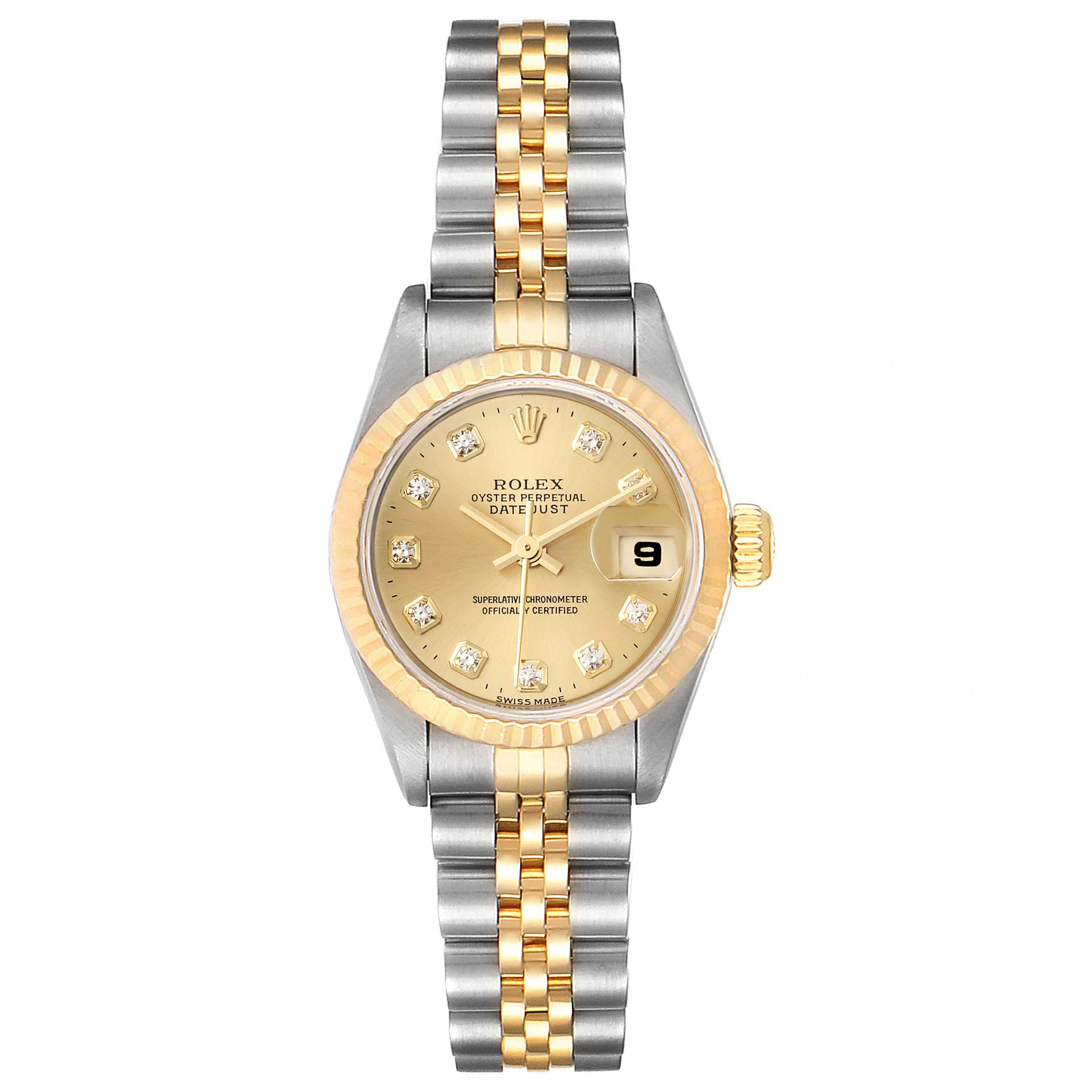 This Rolex Datejust 69173 Women
s Steel and Gold (two tone) Champagne Dial 69173 Women
s Steel and Gold (two tone) Champagne Dial watch is shown from a top-down angle, highlighting its two-tone bracelet, fluted bezel, and date display.