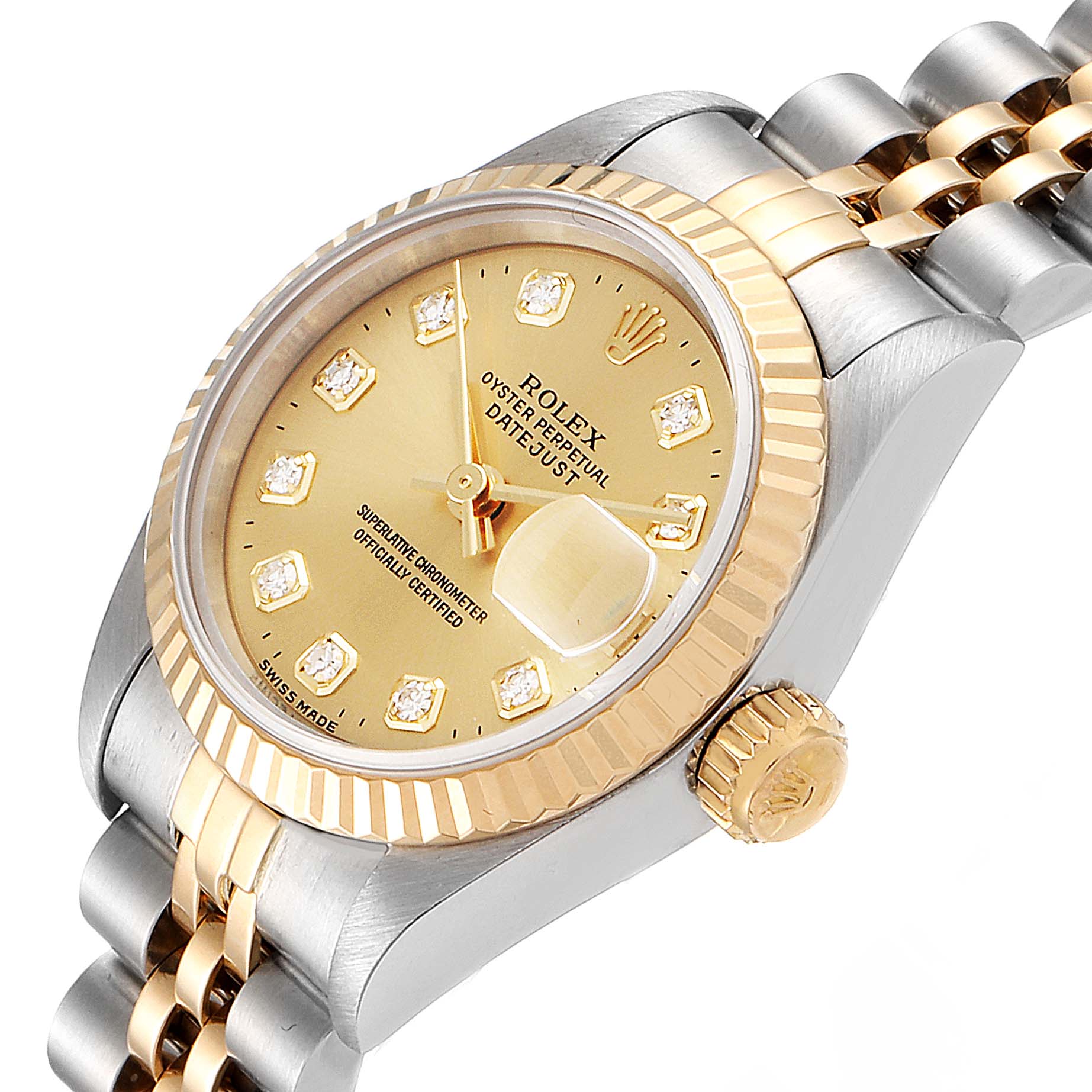 The image shows a close-up angled view of a Rolex Datejust 69173 Women
s Steel and Gold (two tone) Champagne Dial 69173 Women
s Steel and Gold (two tone) Champagne Dial watch, highlighting its gold dial, bezel, and two-tone bracelet.