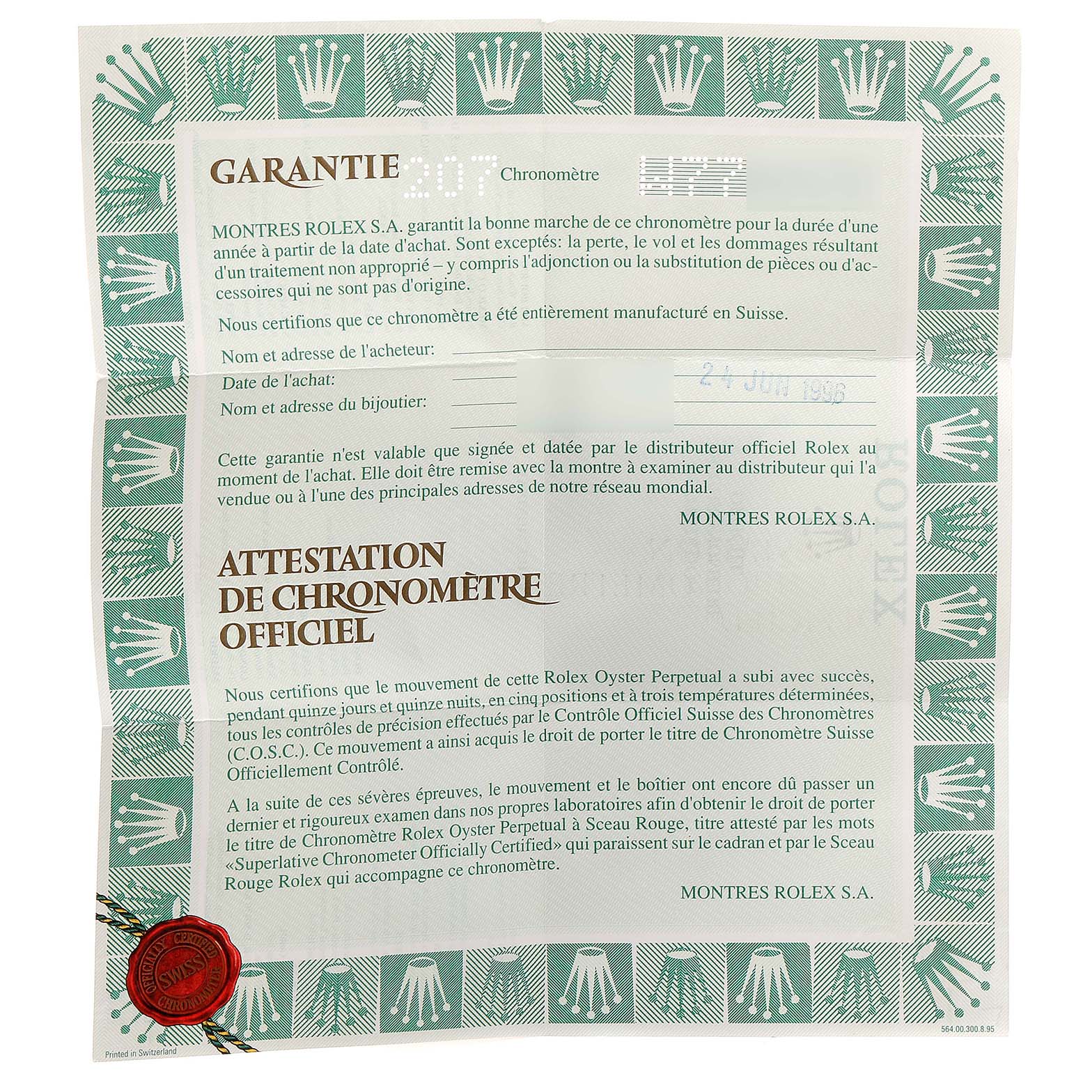 This image shows the official warranty certificate for a Rolex Datejust 69173 Women
s Steel and Gold (two tone) Champagne Dial 69173 Women
s Steel and Gold (two tone) Champagne Dial model, featuring text and Best Quality
ation seals.