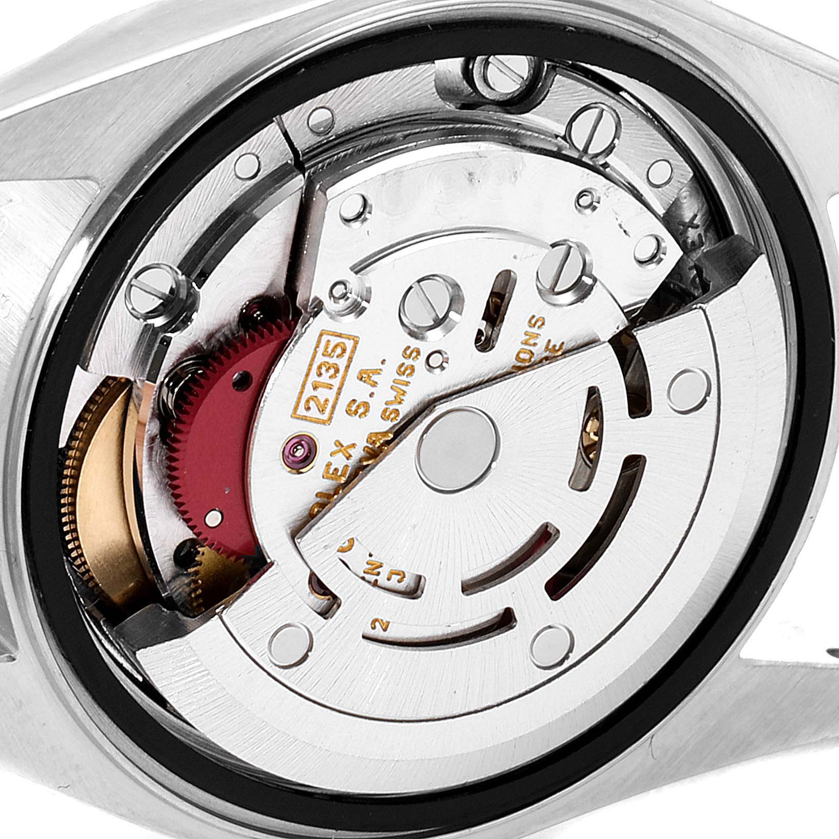 This image shows the interior mechanical parts of the Rolex Datejust 69173 Women
s Steel and Gold (two tone) Champagne Dial 69173 Women
s Steel and Gold (two tone) Champagne Dial watch from a rear angle.