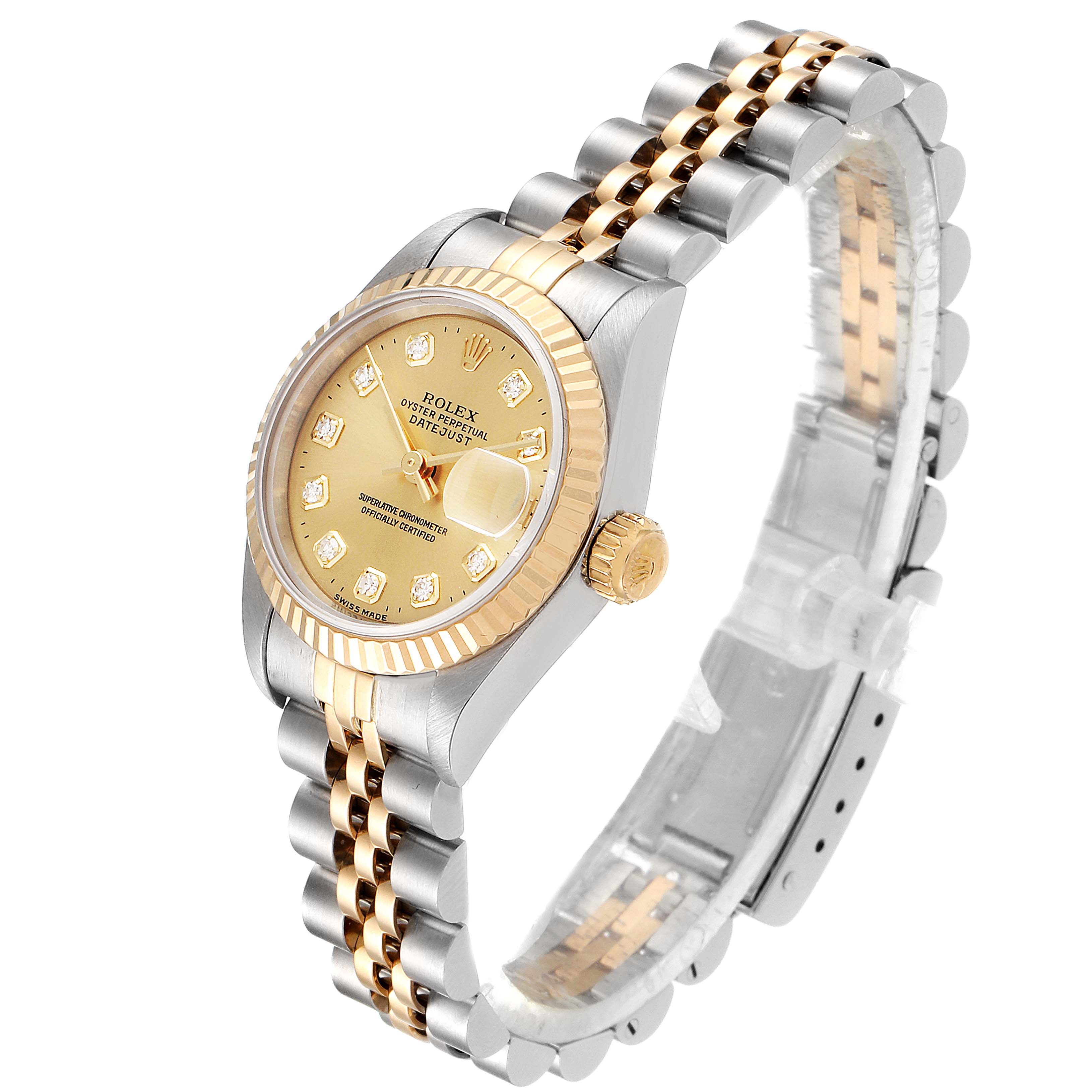 This Rolex Datejust 69173 Women
s Steel and Gold (two tone) Champagne Dial 69173 Women
s Steel and Gold (two tone) Champagne Dial watch is shown at a three-quarter angle, highlighting the face, crown, and two-toned bracelet.