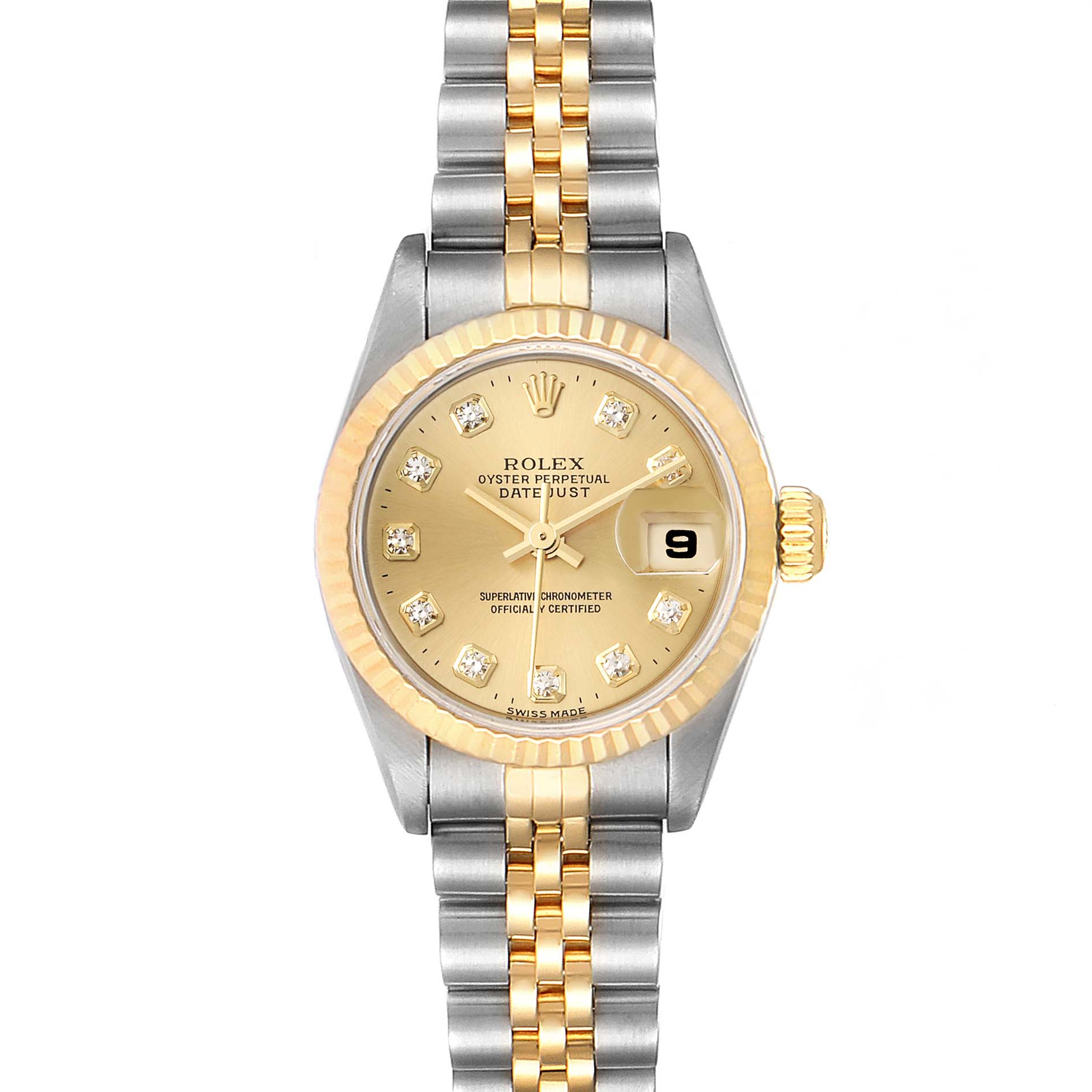 This Rolex Datejust 69173 Women
s Steel and Gold (two tone) Champagne Dial 69173 Women
s Steel and Gold (two tone) Champagne Dial watch is shown from a top-down angle, featuring a two-tone bracelet and a champagne dial with diamond hour markers.