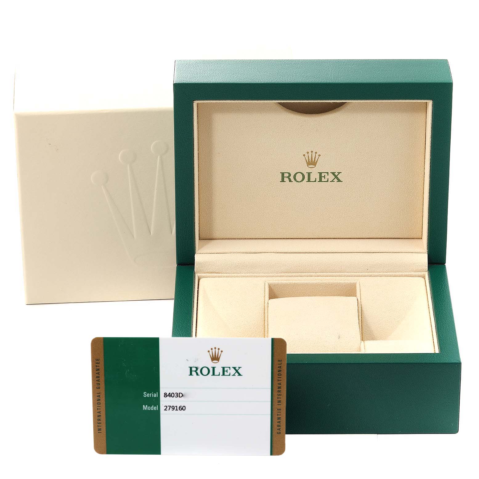 The image shows the packaging and an international guarantee card for the Rolex Datejust 279160 Women's Stainless Steel Pink Dial 279160 Women's Stainless Steel Pink Dial.
