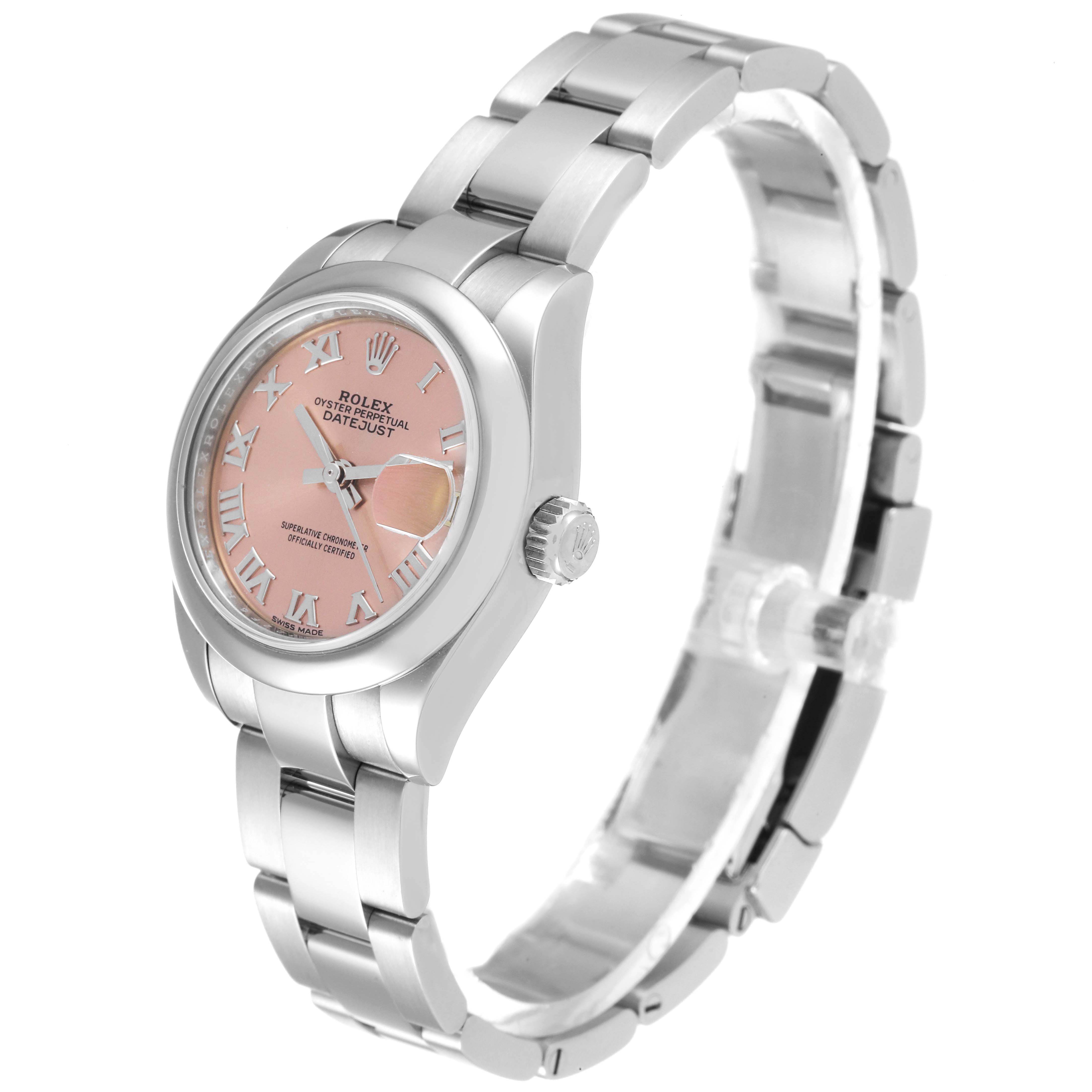 This image shows a side view of a Rolex Datejust 279160 Women's Stainless Steel Pink Dial 279160 Women's Stainless Steel Pink Dial watch, highlighting its pink dial, bezel, crown, and bracelet.