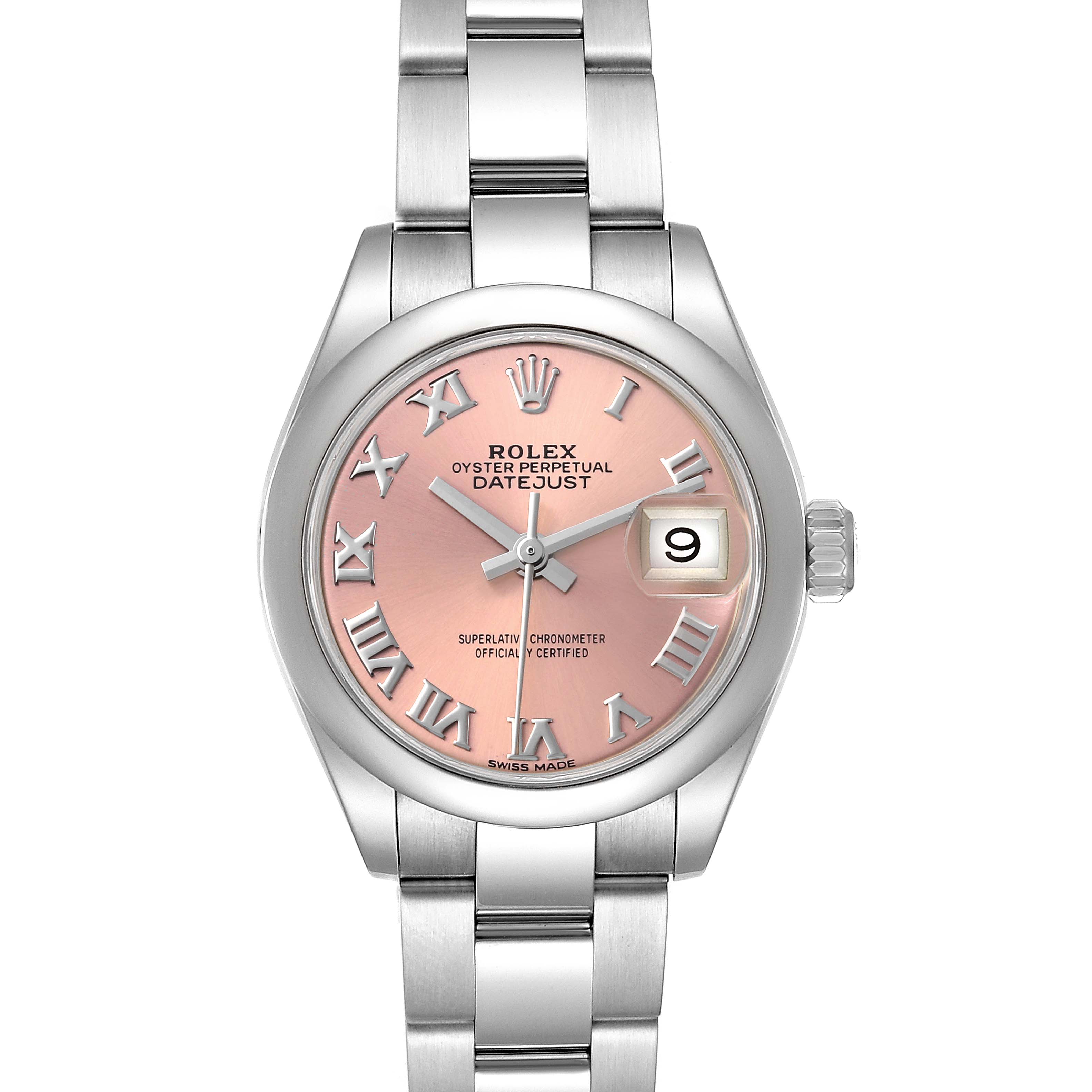 This image shows a Rolex Datejust 279160 Women's Stainless Steel Pink Dial 279160 Women's Stainless Steel Pink Dial watch from a straight-on angle, highlighting the dial, bracelet, and date window.
