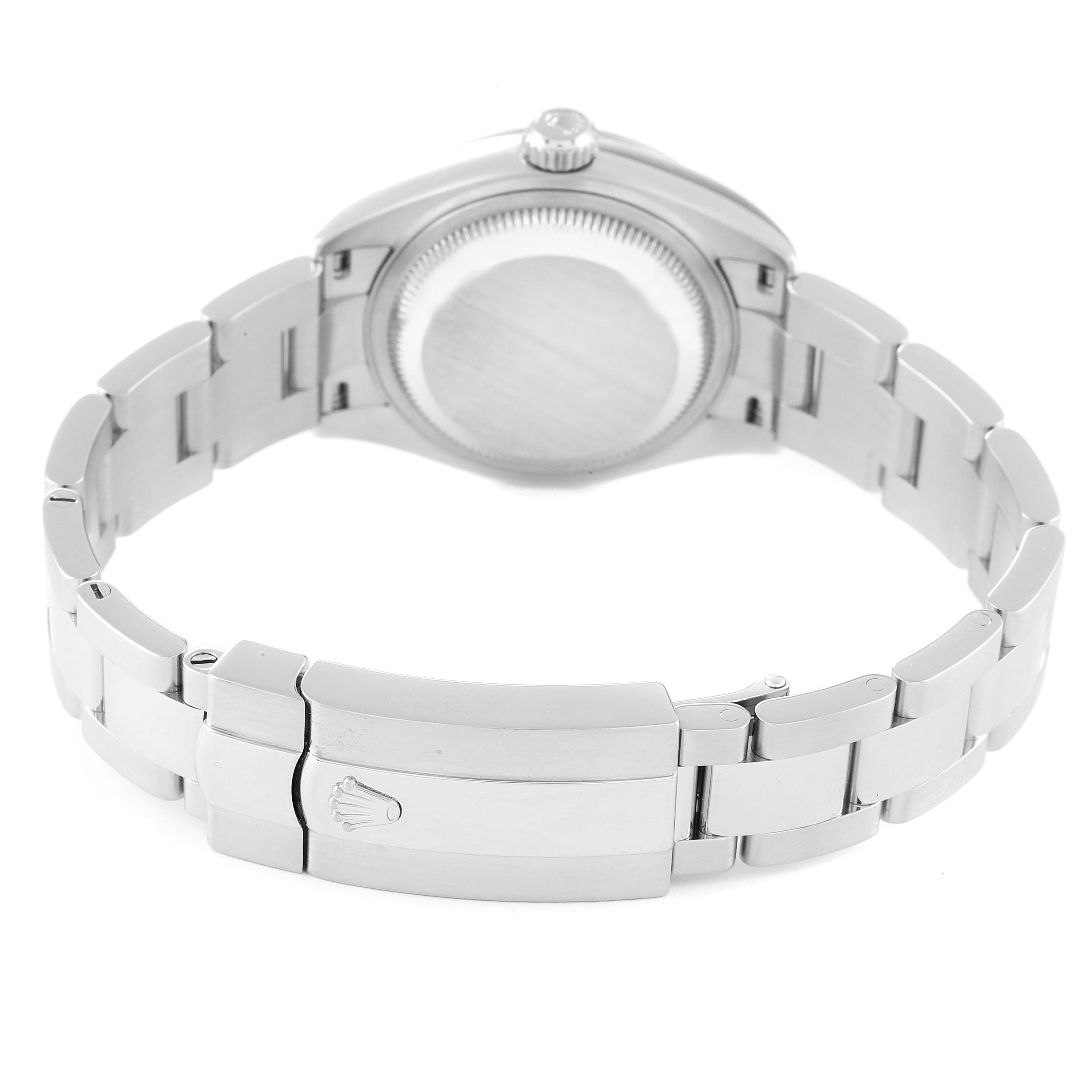 The image shows the back of a Rolex Datejust 279160 Women's Stainless Steel Pink Dial 279160 Women's Stainless Steel Pink Dial watch, highlighting the closed clasp, bracelet links, and the case back.