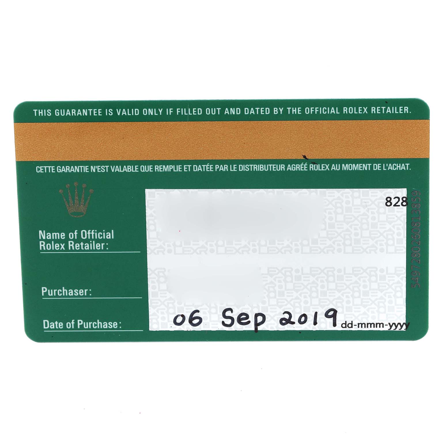 This image shows the warranty card for a Rolex Datejust 279160 Women's Stainless Steel Pink Dial 279160 Women's Stainless Steel Pink Dial watch, including fields for the retailer's name, purchaser, and date of purchase.