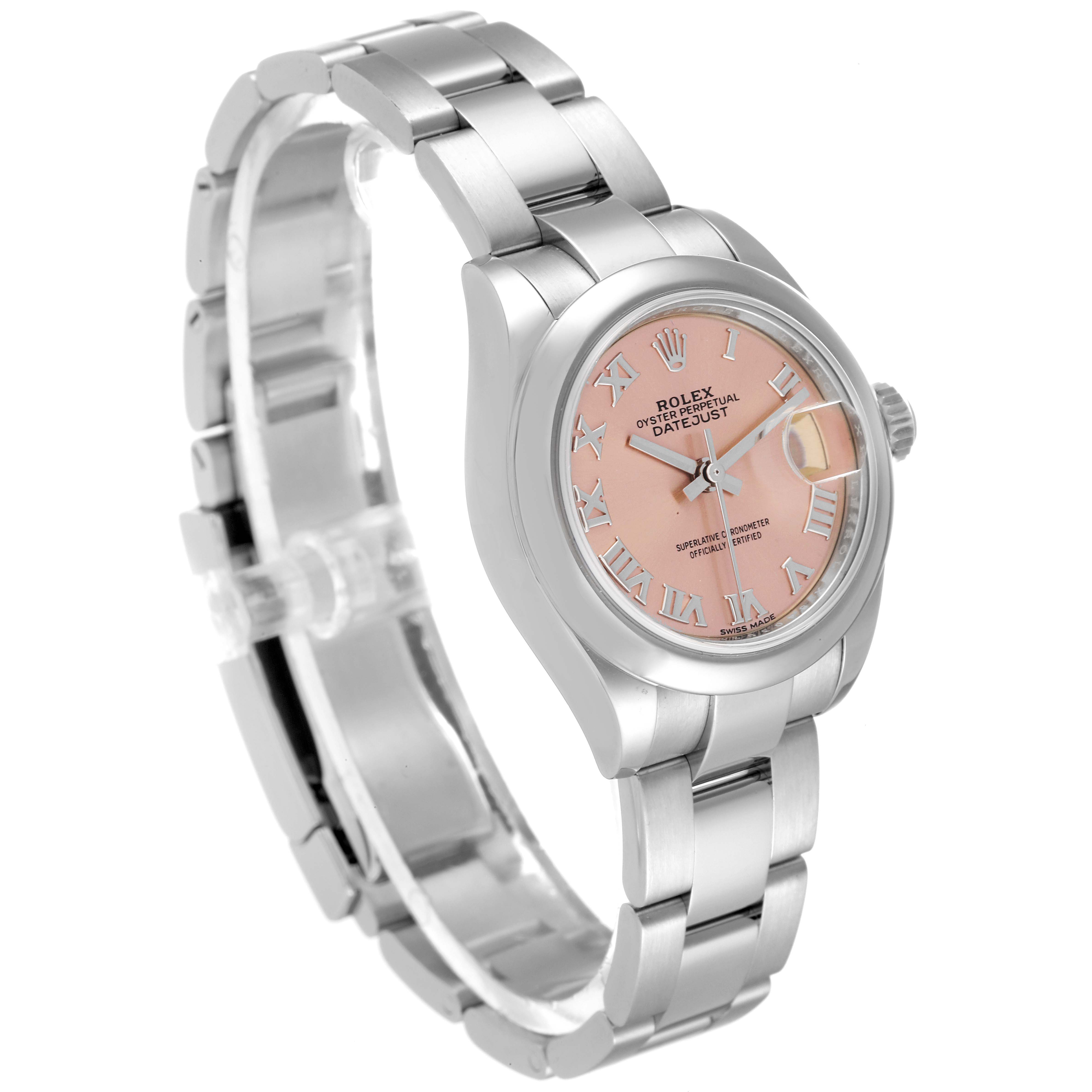This image shows a Rolex Datejust 279160 Women's Stainless Steel Pink Dial 279160 Women's Stainless Steel Pink Dial watch from a front-angle, highlighting the dial, bezel, bracelet, and clasp.