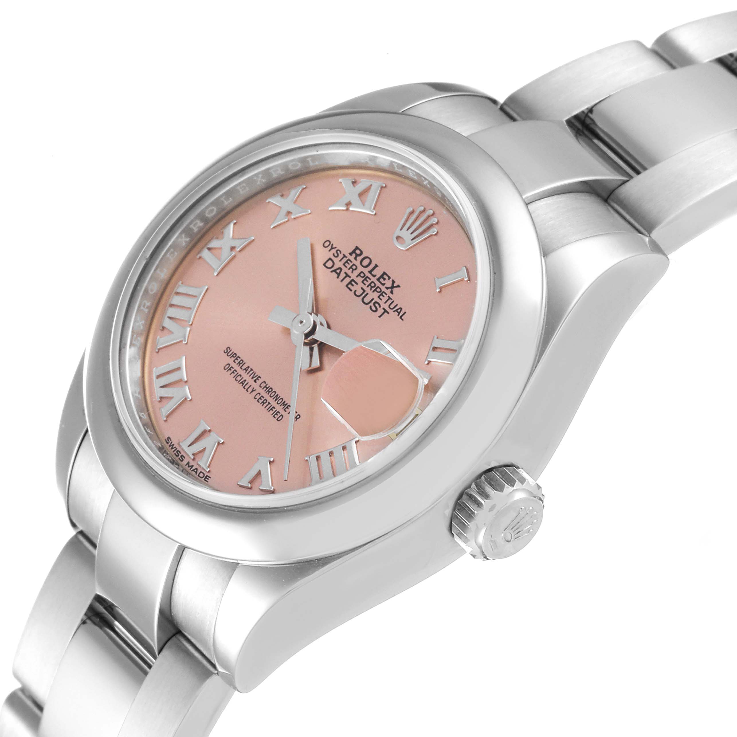 The Rolex Datejust 279160 Women's Stainless Steel Pink Dial 279160 Women's Stainless Steel Pink Dial watch is shown from an angled side view highlighting its pink dial, Roman numerals, and bracelet.