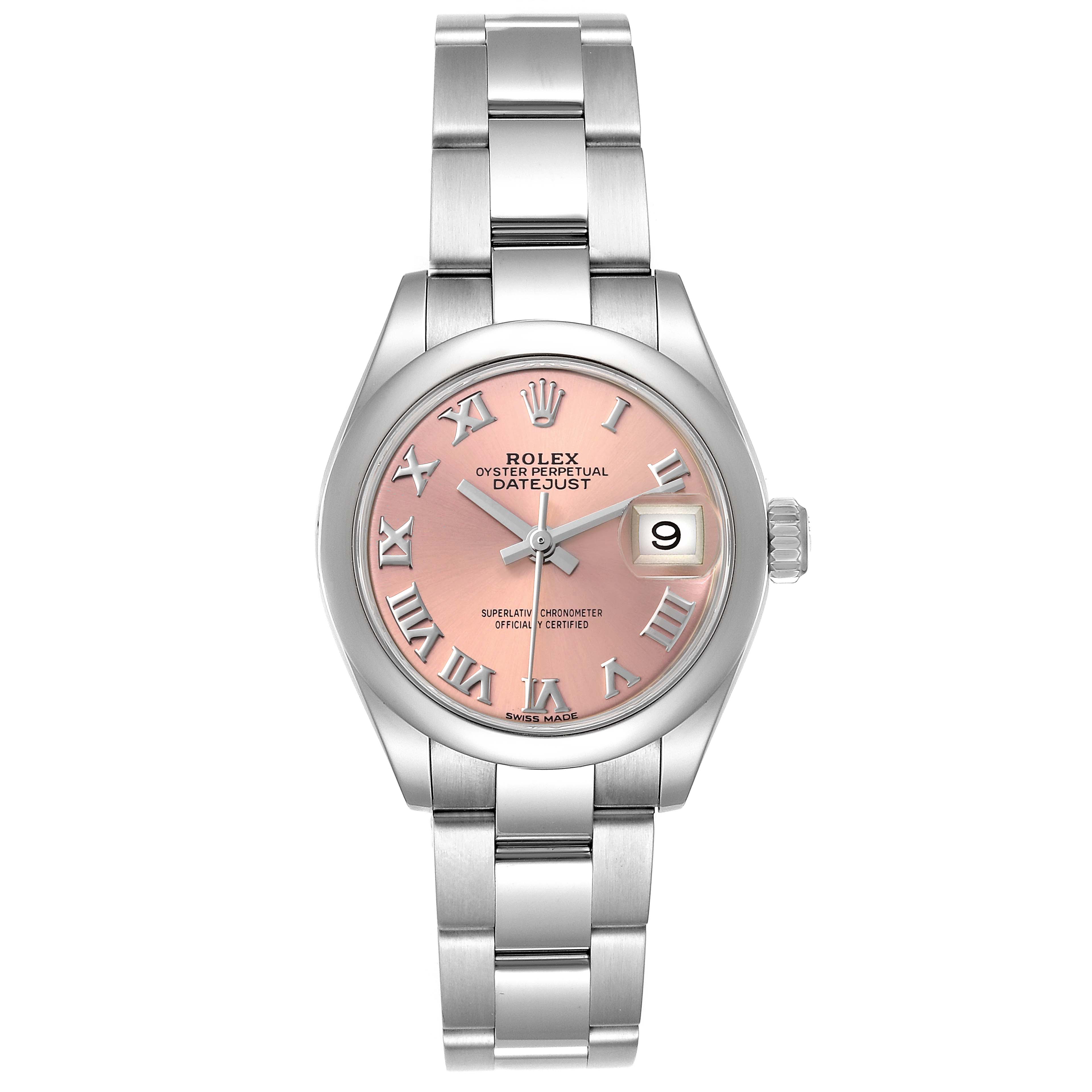 The Rolex Datejust 279160 Women's Stainless Steel Pink Dial 279160 Women's Stainless Steel Pink Dial watch is shown from a front angle, displaying its pink dial with Roman numerals, date window, and stainless steel bracelet.
