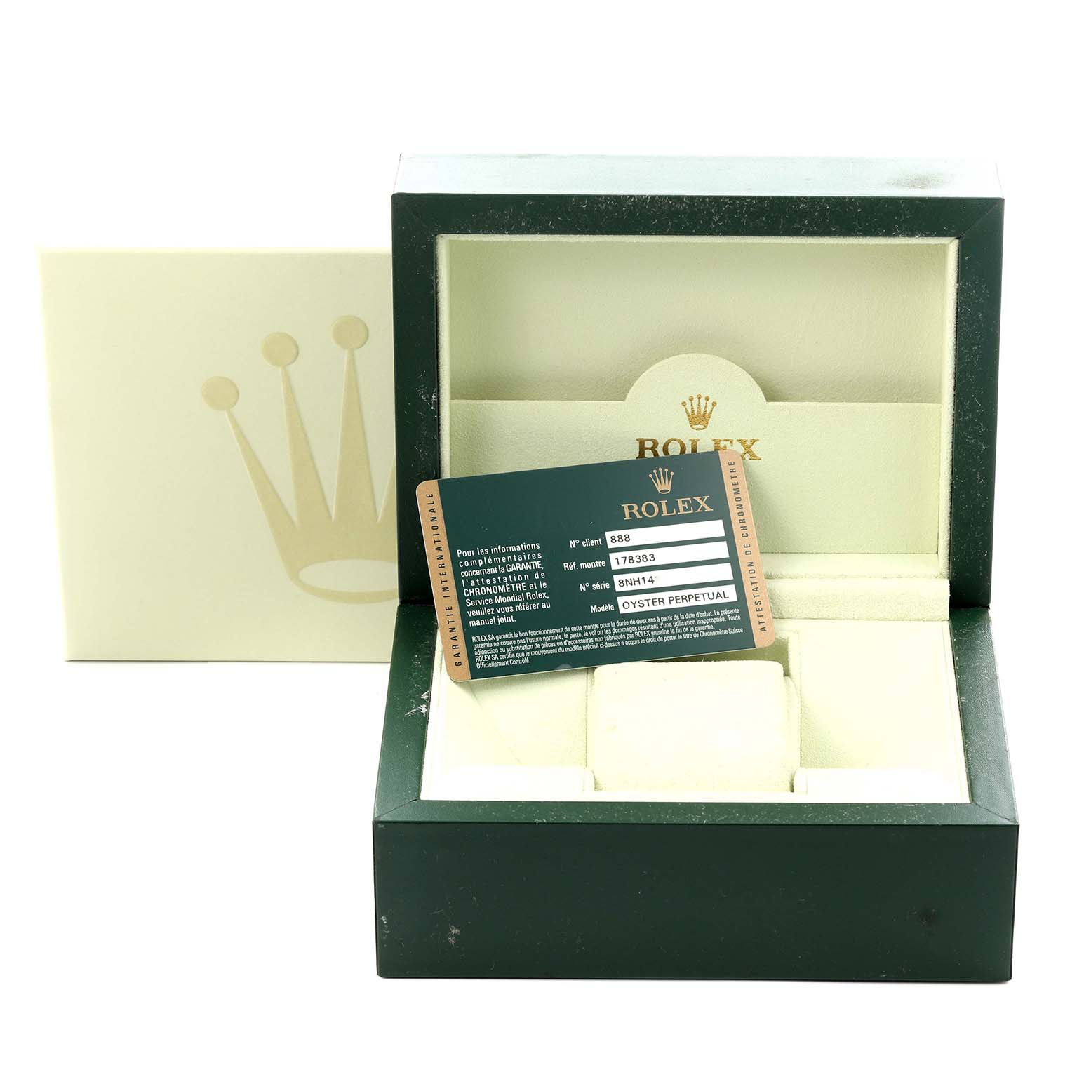 The image shows a Rolex watch box and warranty card for a Mid-Size model, viewed from the front.