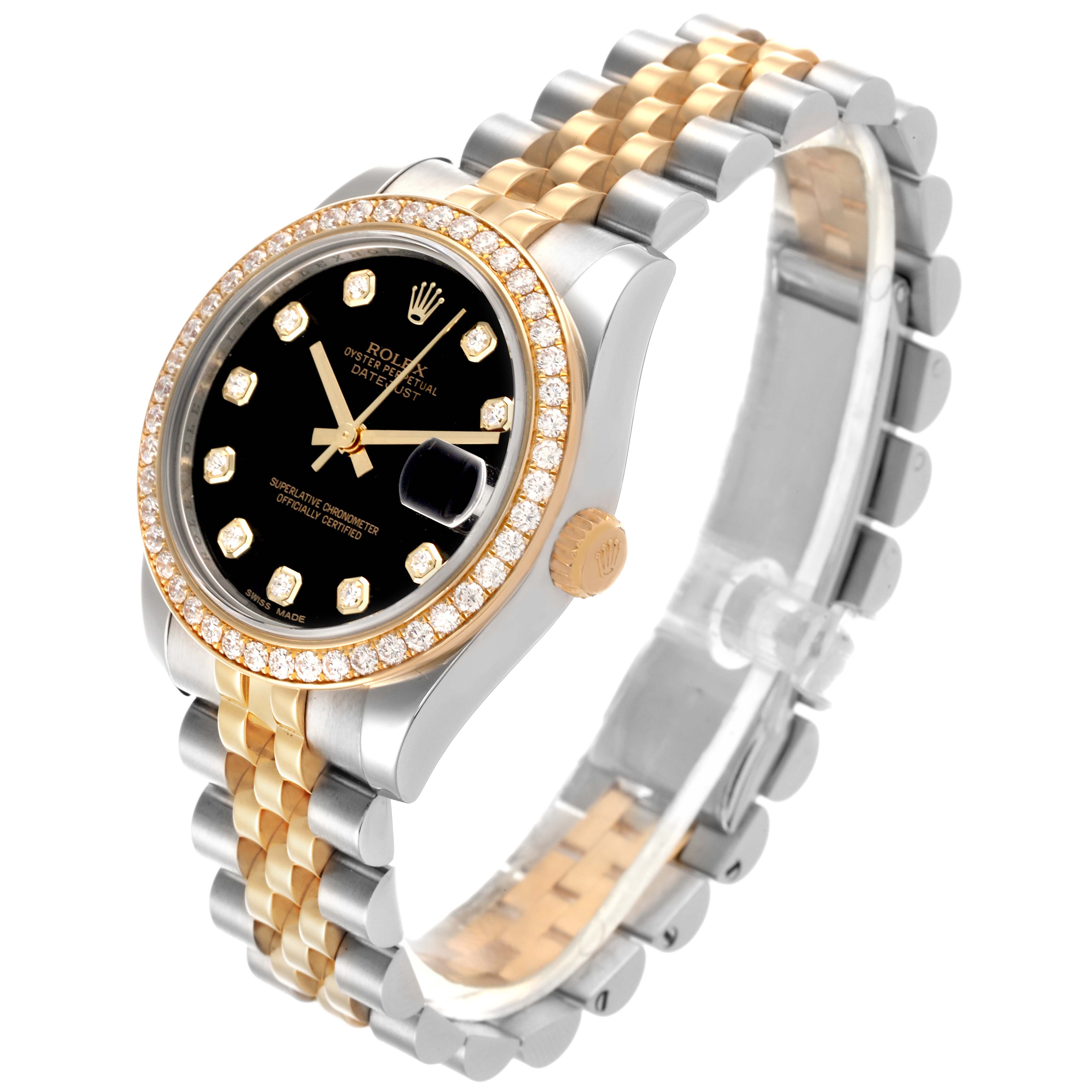 This image shows a Rolex Mid-Size 178383 Women's Steel and Gold (two tone) Black Dial 178383 Women's Steel and Gold (two tone) Black Dial watch, angled to display the face, bezel, and two-tone bracelet.