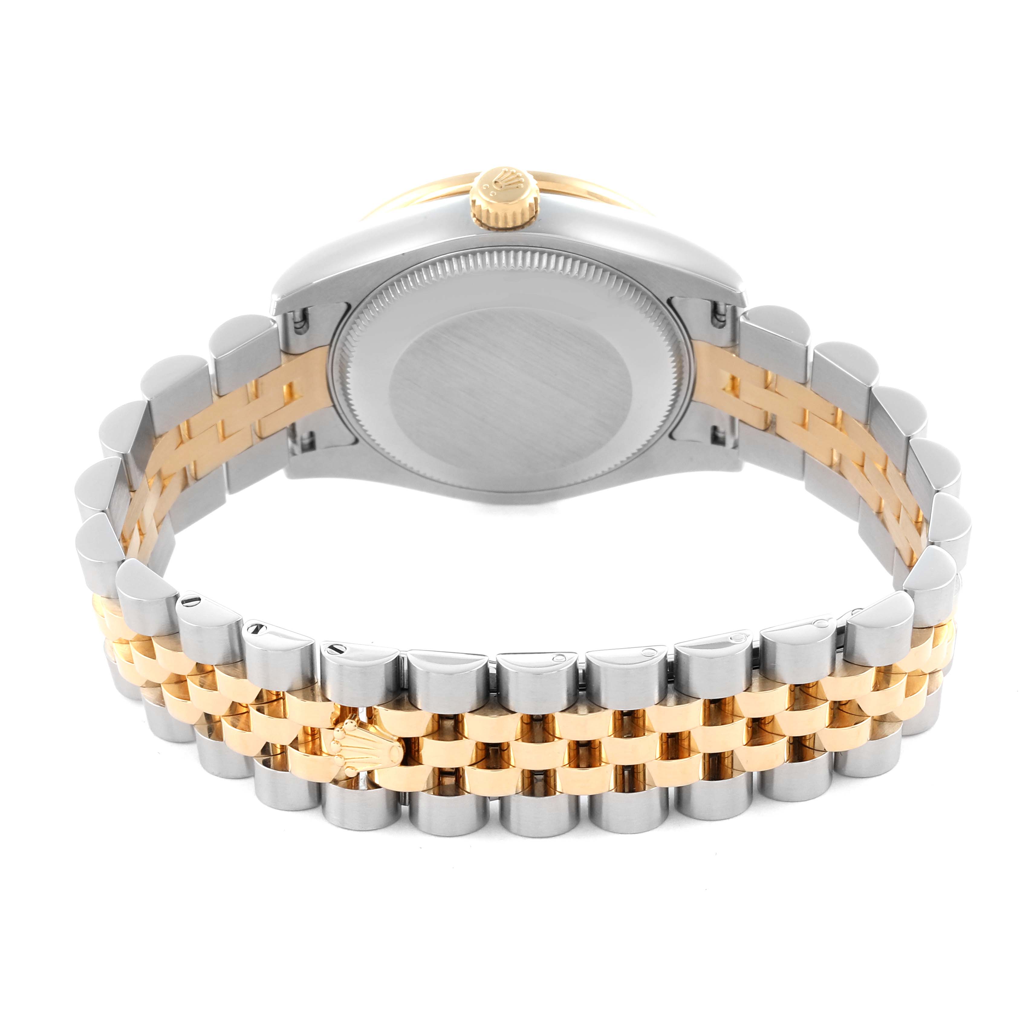 The image shows the back of the Rolex Mid-Size 178383 Women's Steel and Gold (two tone) Black Dial 178383 Women's Steel and Gold (two tone) Black Dial watch, focusing on the case back and two-tone bracelet.