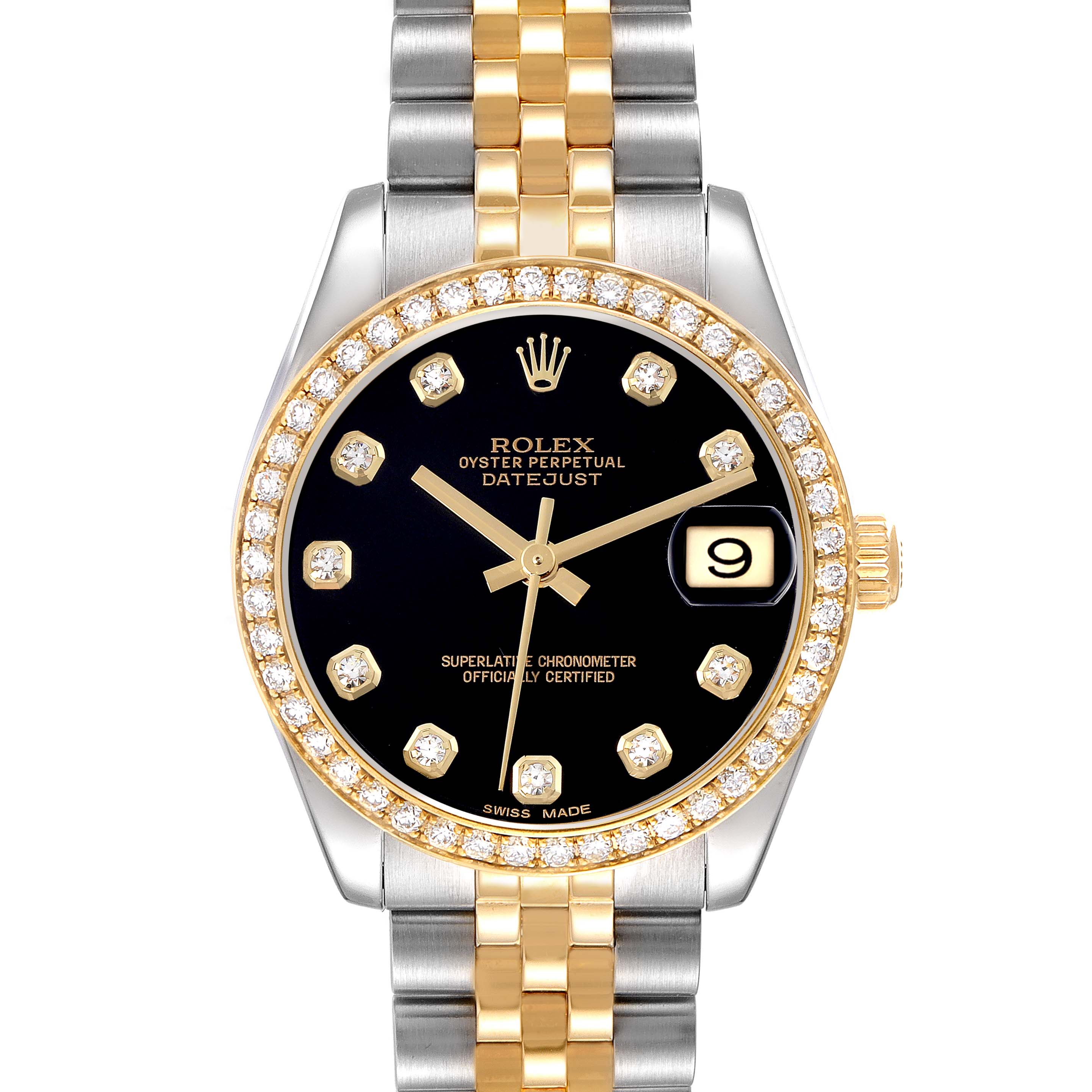 The Rolex Datejust Mid-Size watch is shown from the front, displaying its black dial, diamond indices, bezel, and two-tone bracelet.