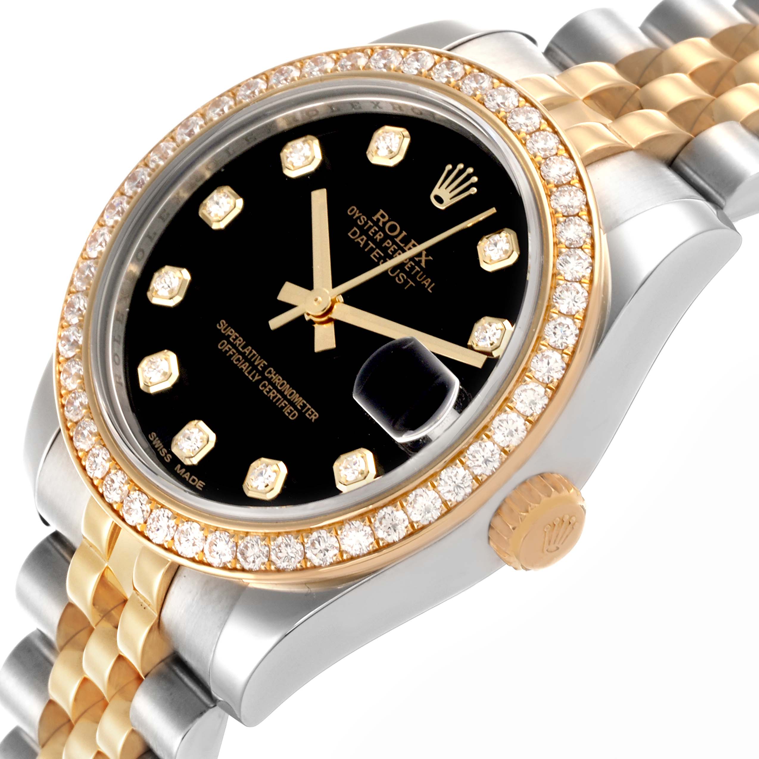 The Rolex Datejust Mid-Size watch is shown at an angled view, highlighting the bezel, crown, bracelet, and dial.