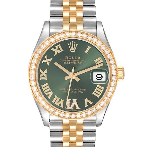 The Rolex Mid-Size model is shown from the front, displaying its dial, bezel, and part of the bracelet.