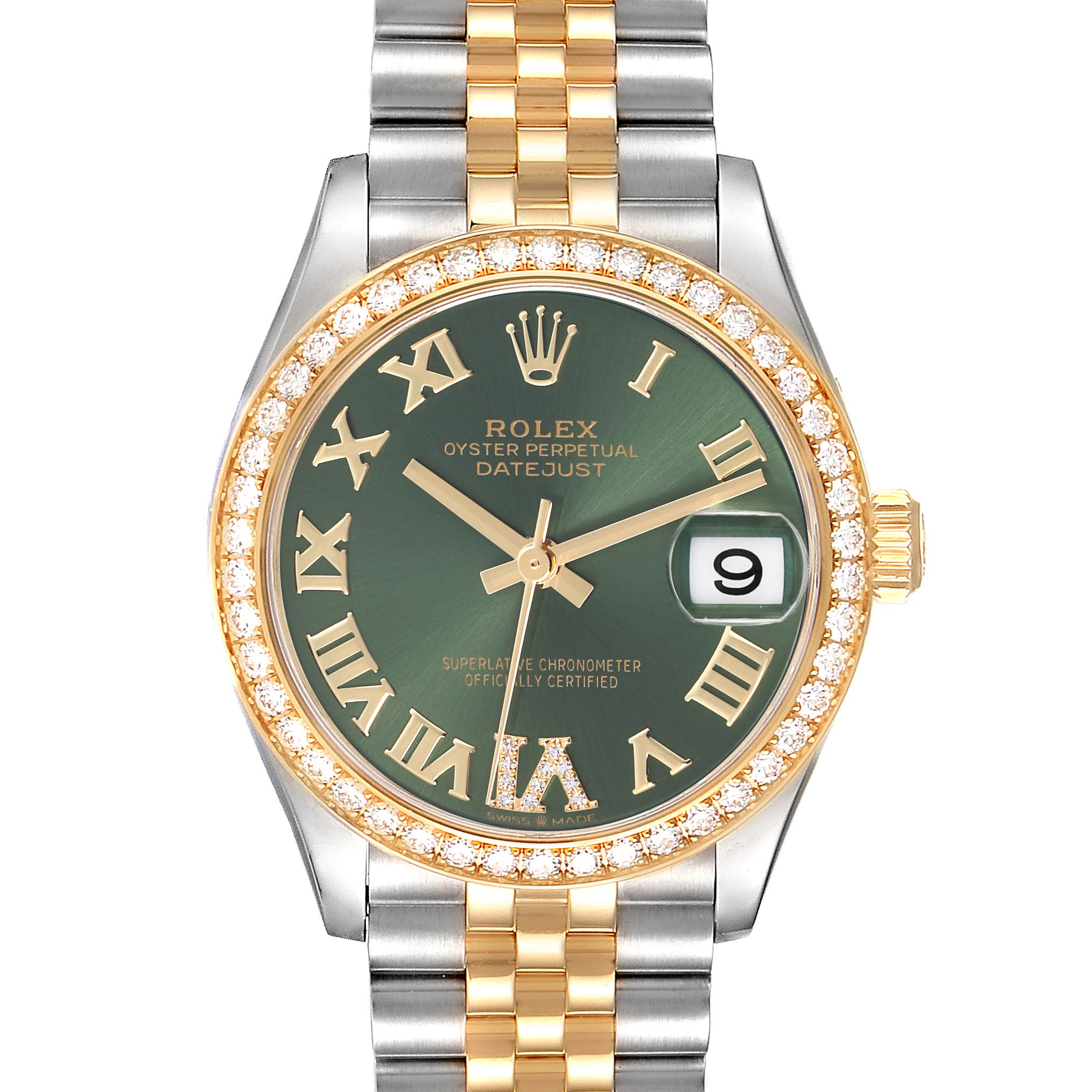 The Rolex Datejust Mid-Size watch is shown from the front, highlighting the green dial, diamond bezel, and two-tone bracelet.