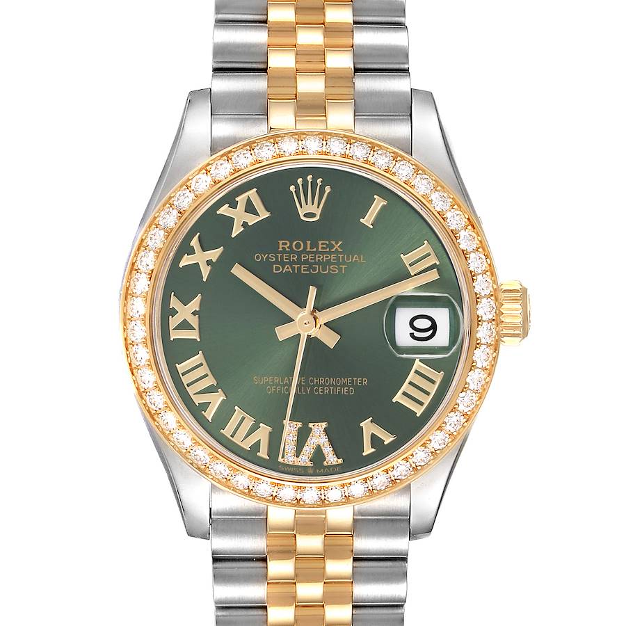 The Rolex Datejust Mid-Size watch is shown from the front, highlighting the green dial, diamond bezel, and two-tone bracelet.