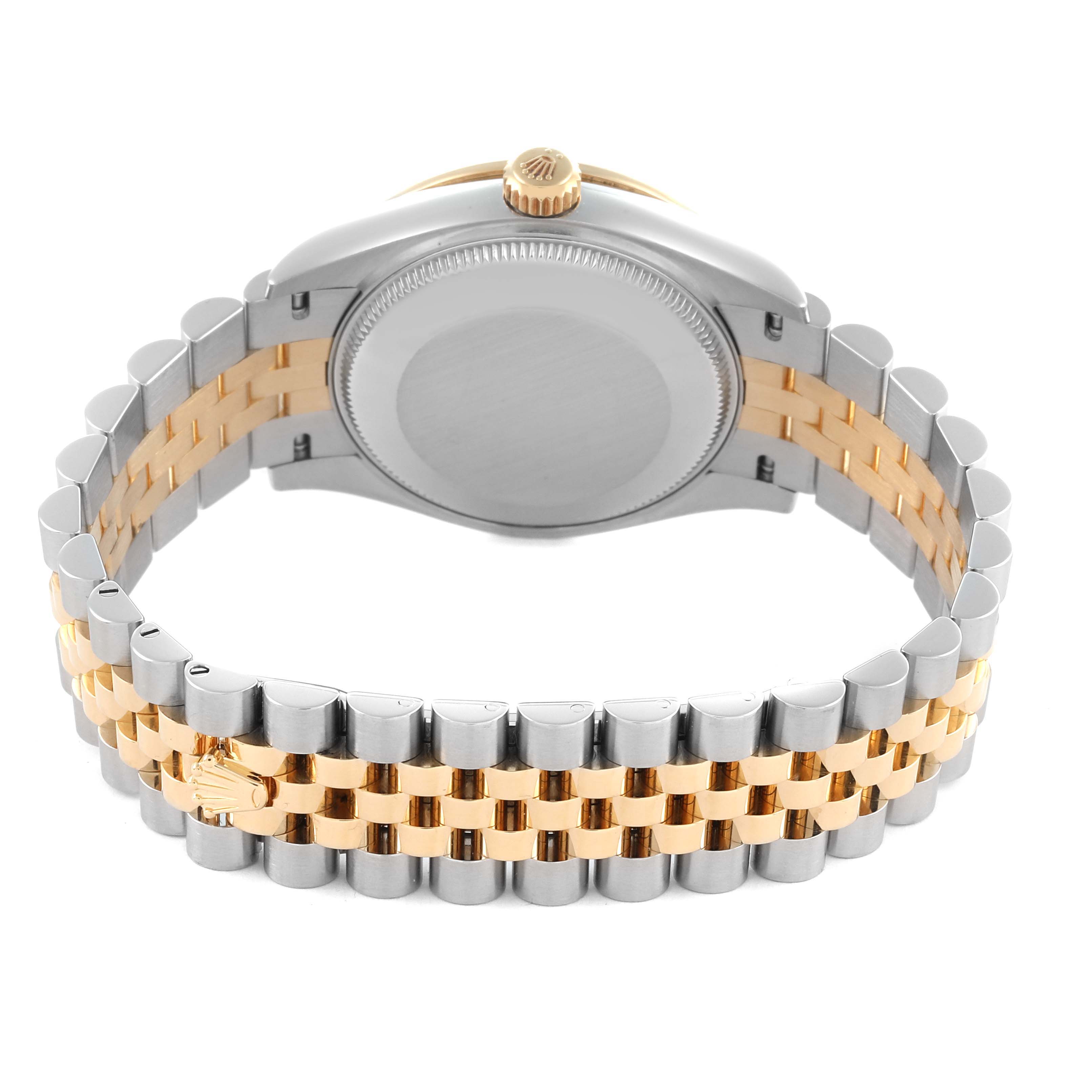 The image shows the back of a Mid-Size Rolex watch focusing on the case back and two-tone bracelet.