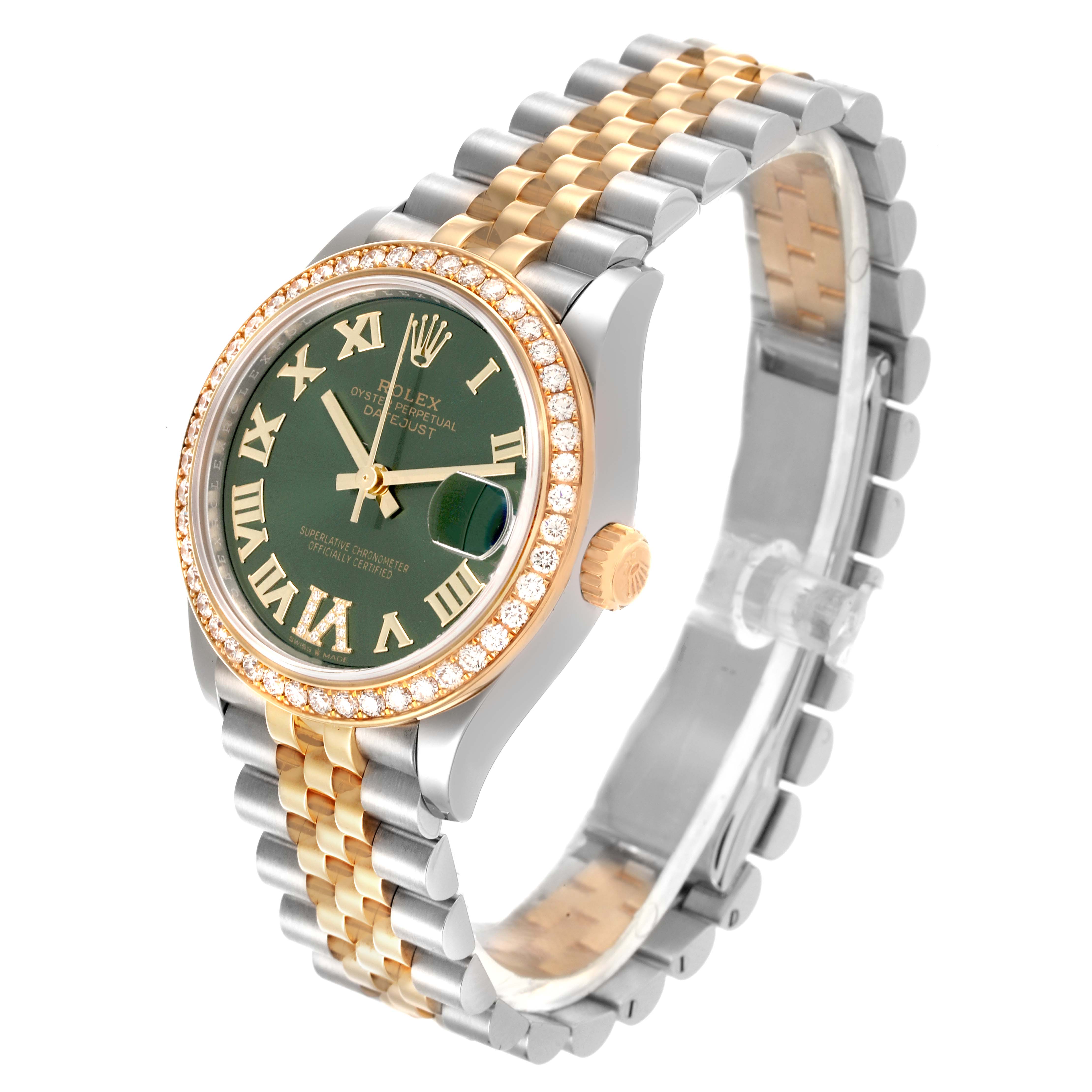 The Rolex Mid-Size 278383 Women
s Steel and Gold (two tone) Green Dial 278383 Women
s Steel and Gold (two tone) Green Dial watch is shown at an angle displaying the face, bezel, crown, and bracelet.
