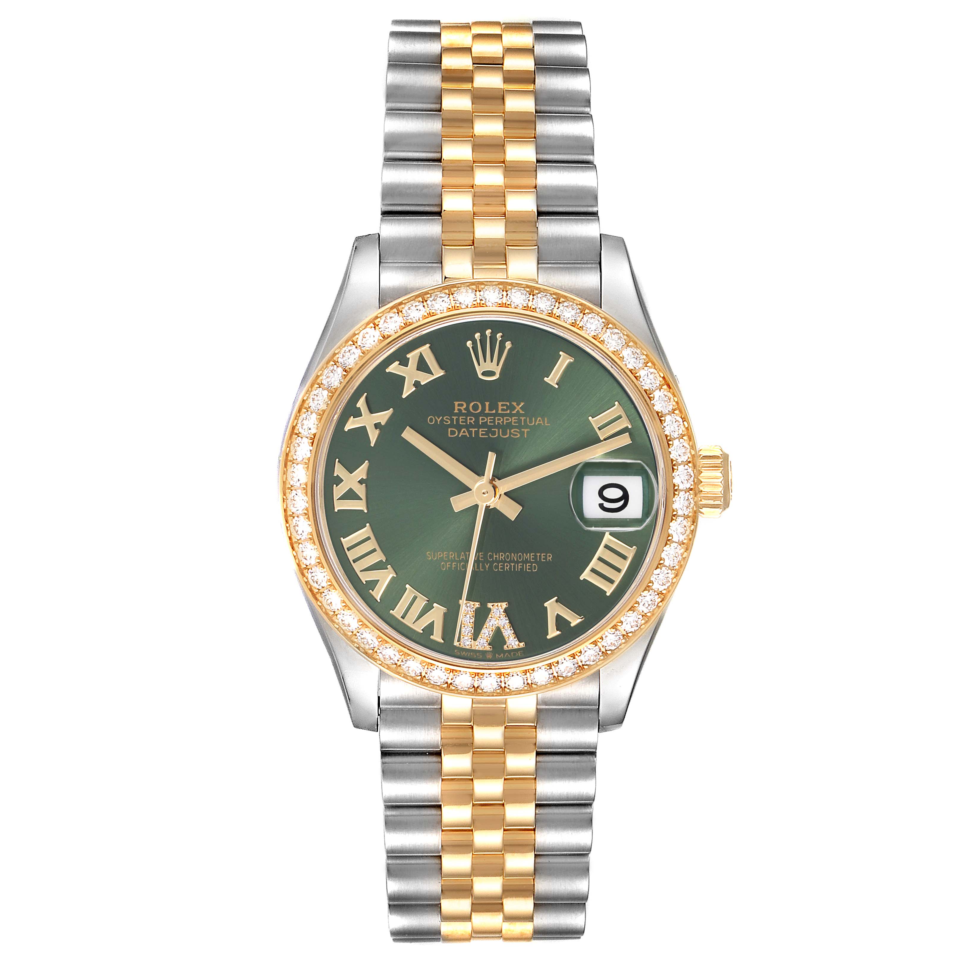 The Rolex Mid-Size 278383 Women
s Steel and Gold (two tone) Green Dial 278383 Women
s Steel and Gold (two tone) Green Dial watch is shown from the front, displaying its bezel, dial, hands, and bracelet.