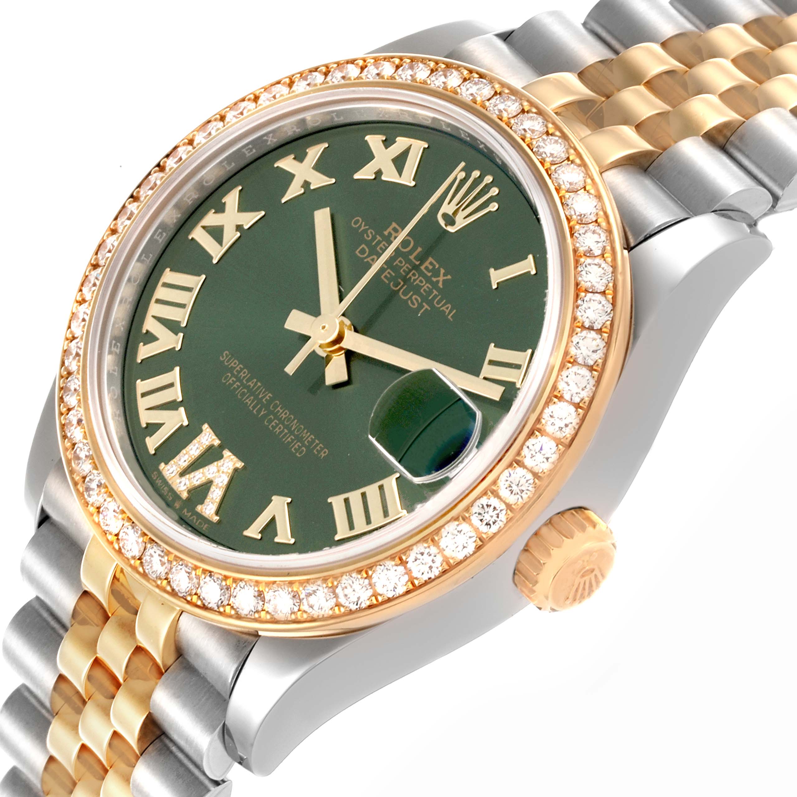The Rolex Mid-Size 278383 Women
s Steel and Gold (two tone) Green Dial 278383 Women
s Steel and Gold (two tone) Green Dial watch is shown at an angle highlighting the bezel, crown, and partially the bracelet.