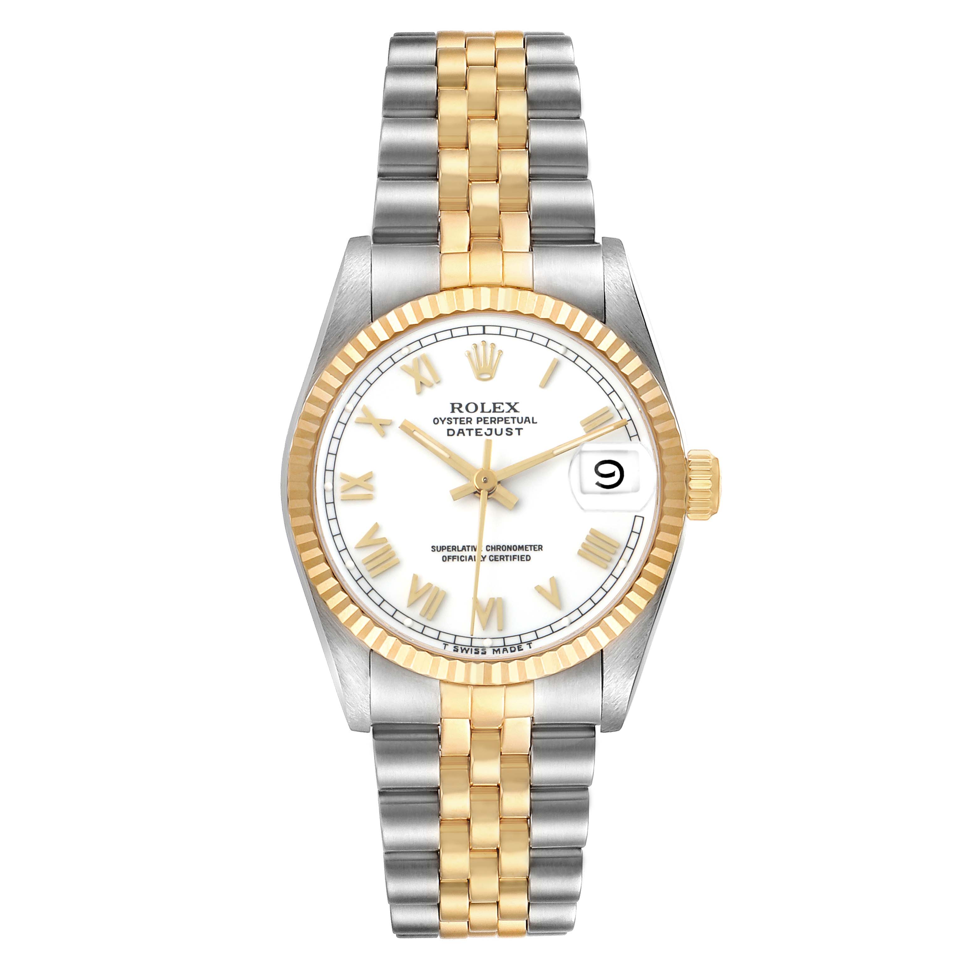 The Rolex Datejust 68273 Women's Steel and Gold (two tone) White Dial watch is shown from a top-down angle, displaying the face, bezel, and bracelet.